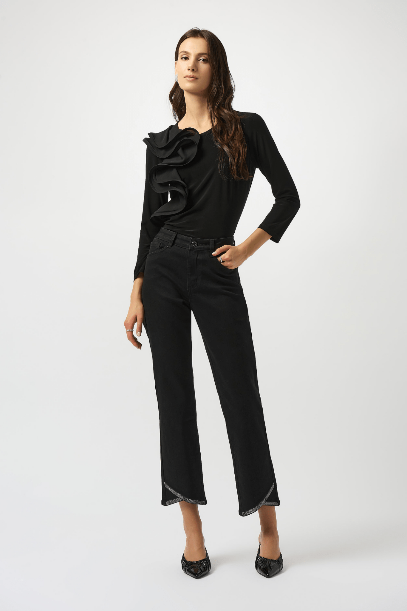 Joseph Ribkoff black silky knit top with georgette ruffle detail – Dotique