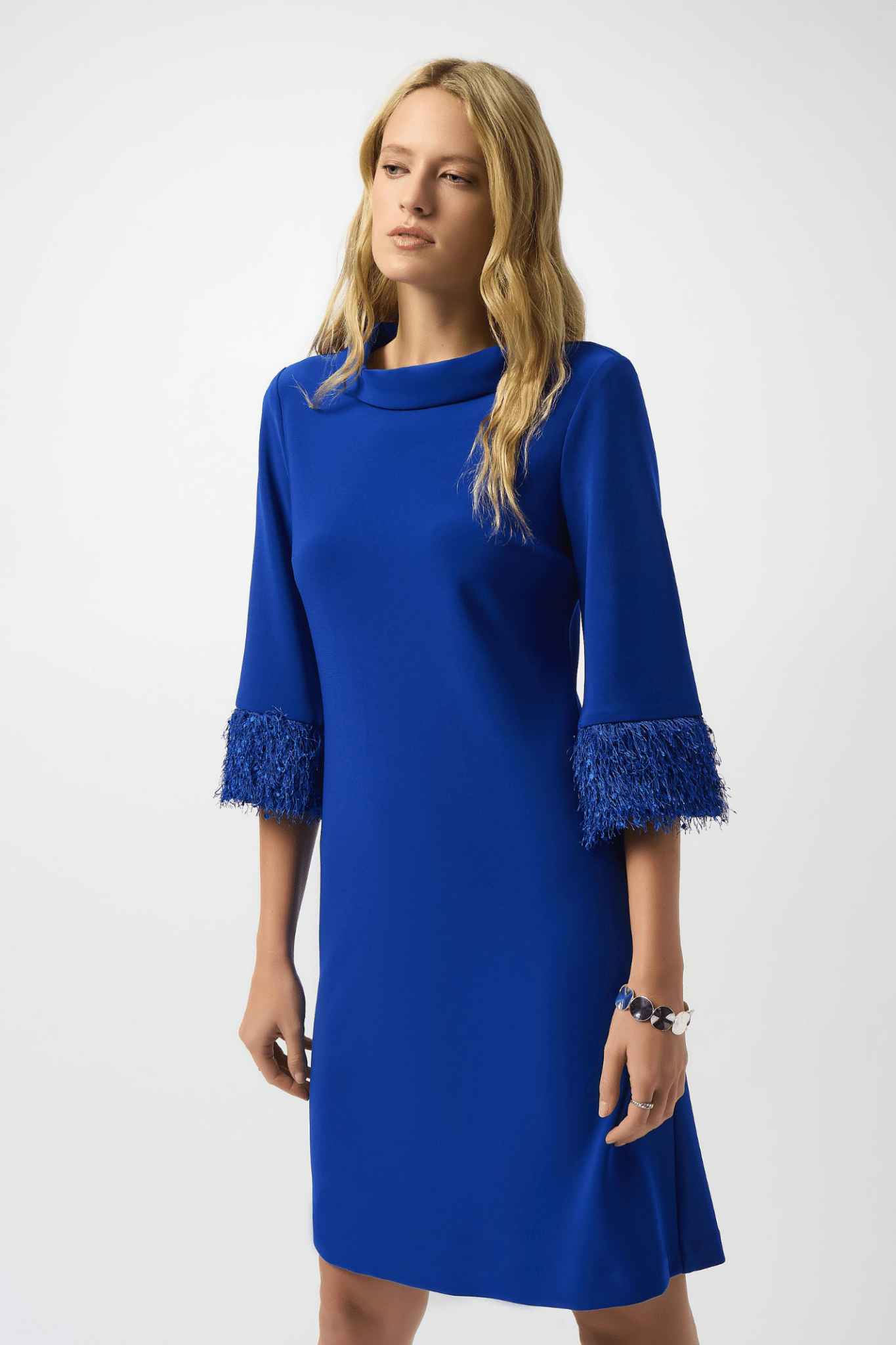 Joseph Ribkoff royal sapphire cowl neck dress with fringe sleeves – Dotique