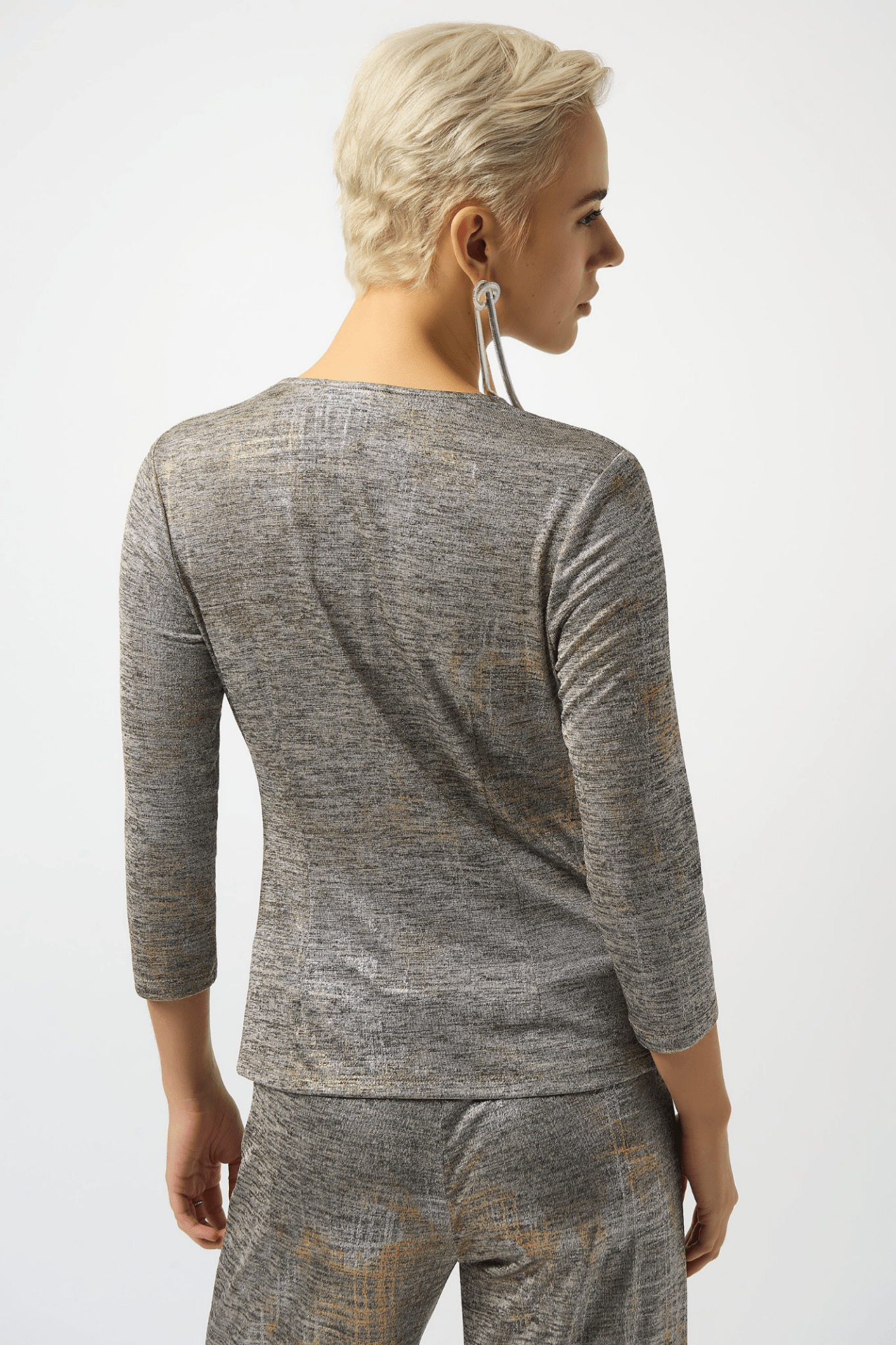 Joseph Ribkoff foiled melange knit wrap top with eyelet detail – Dotique