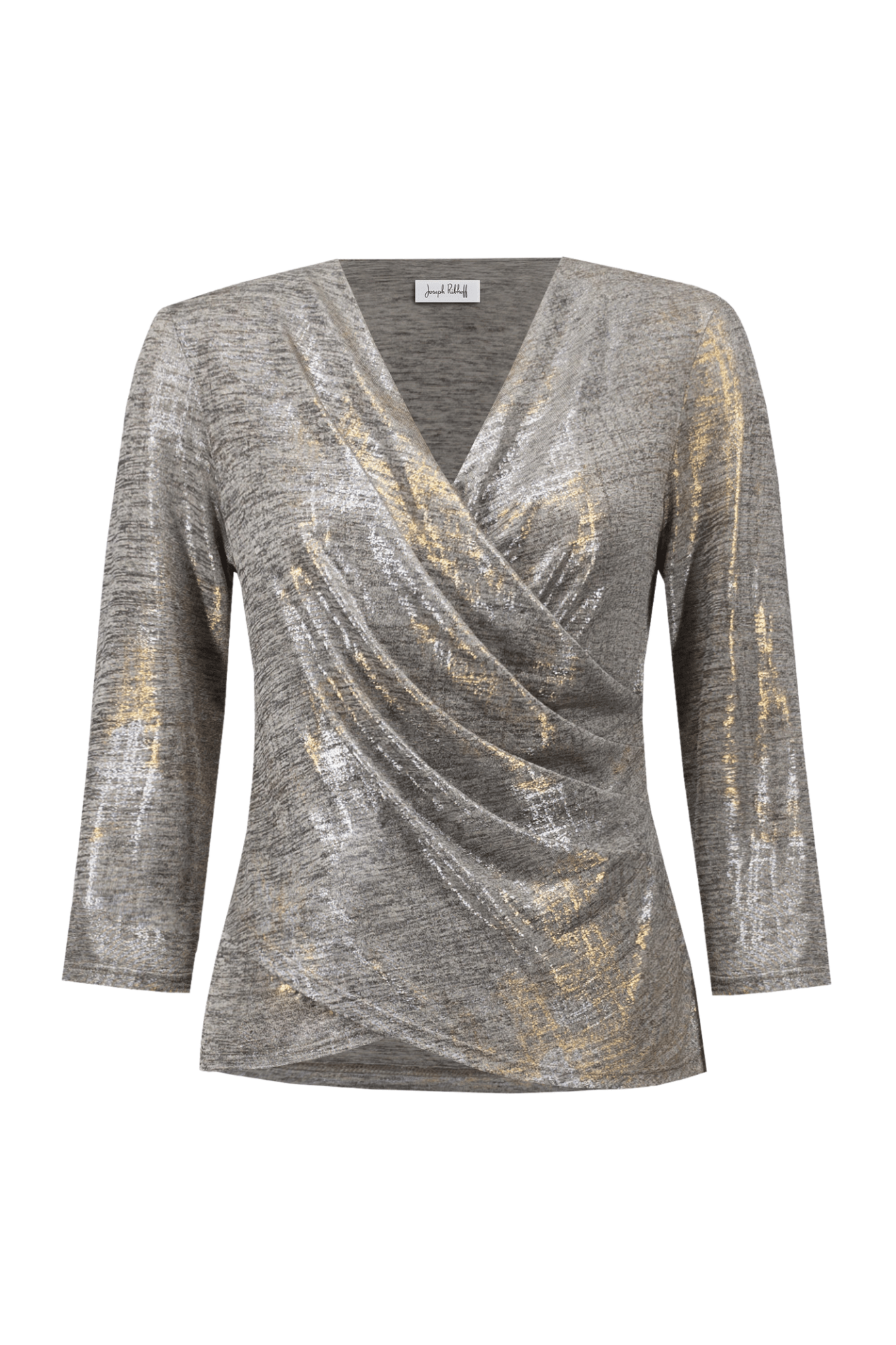 Joseph Ribkoff foiled melange knit wrap top with eyelet detail – Dotique