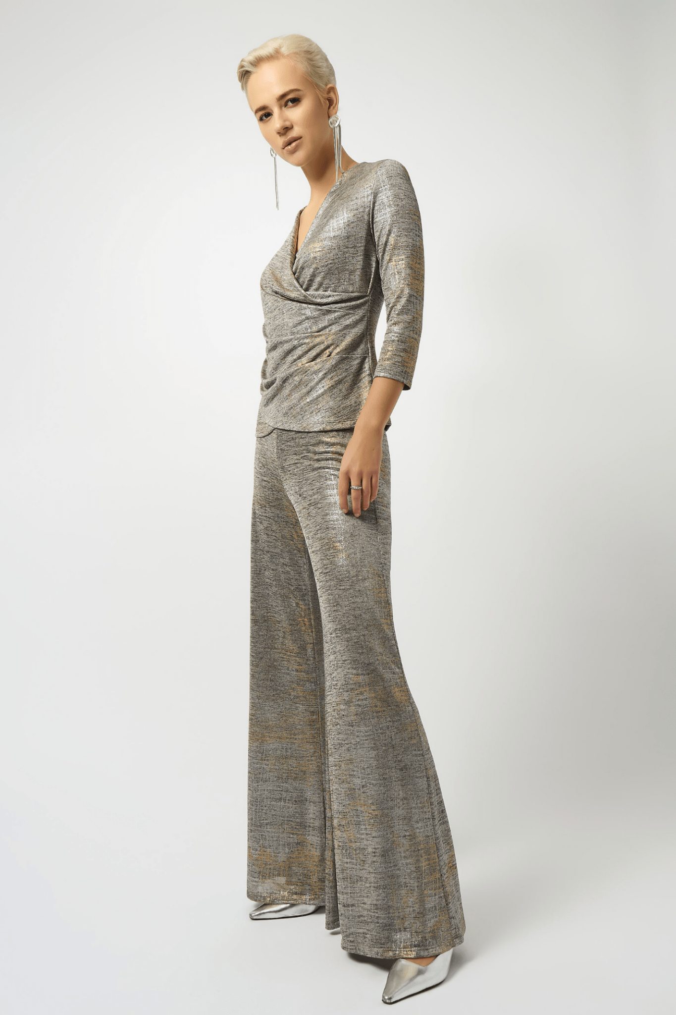 Joseph Ribkoff foiled melange knit wrap top with eyelet detail – Dotique