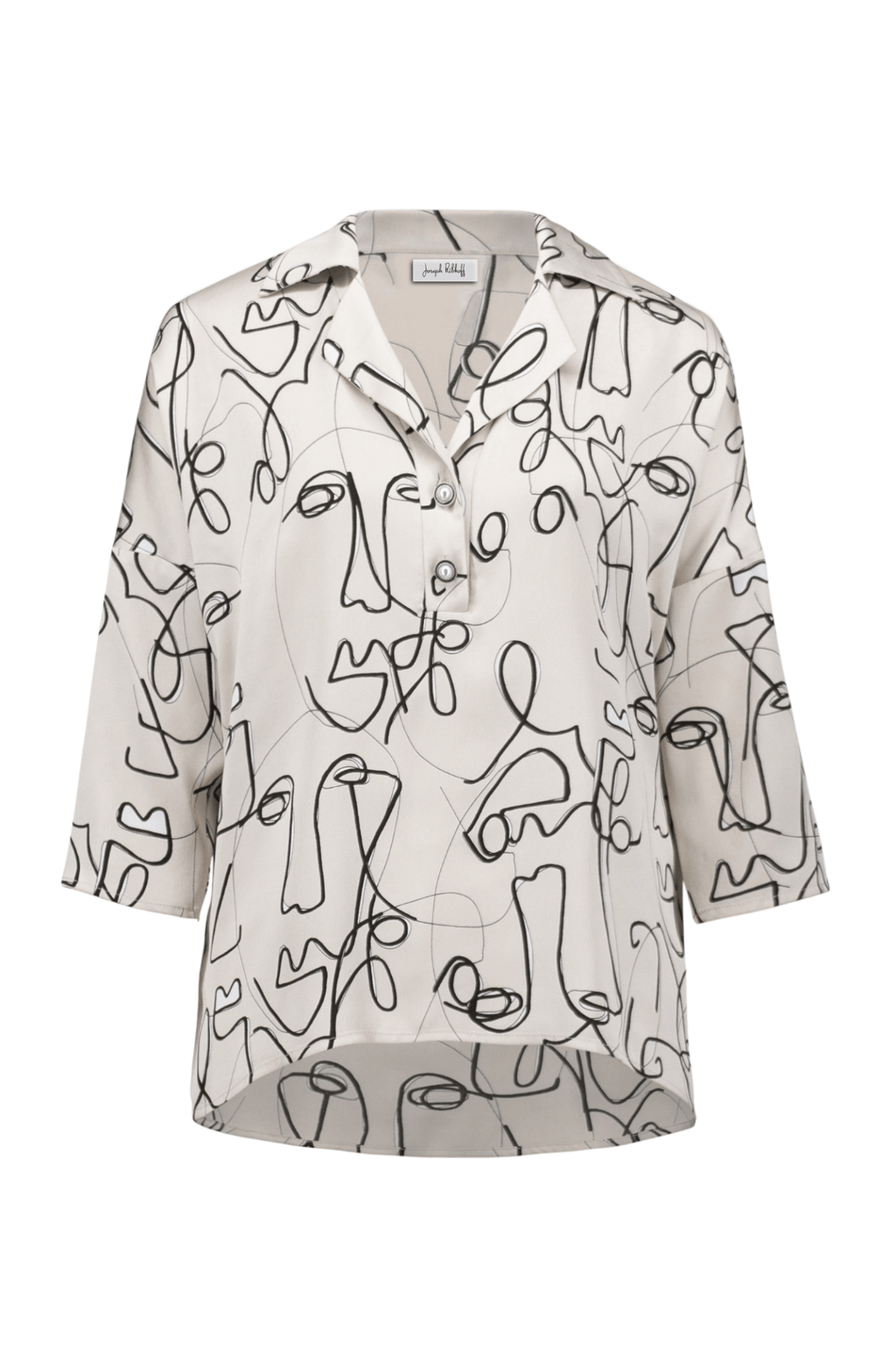 Joseph Ribkoff hammered satin top with abstract face print and pearl buttons – Dotique