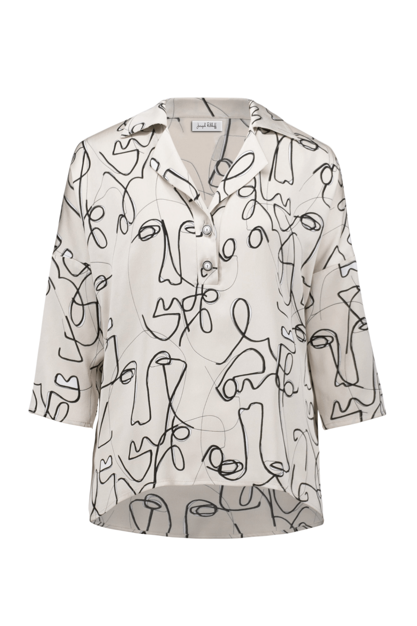 Joseph Ribkoff hammered satin top with abstract face print and pearl buttons – Dotique
