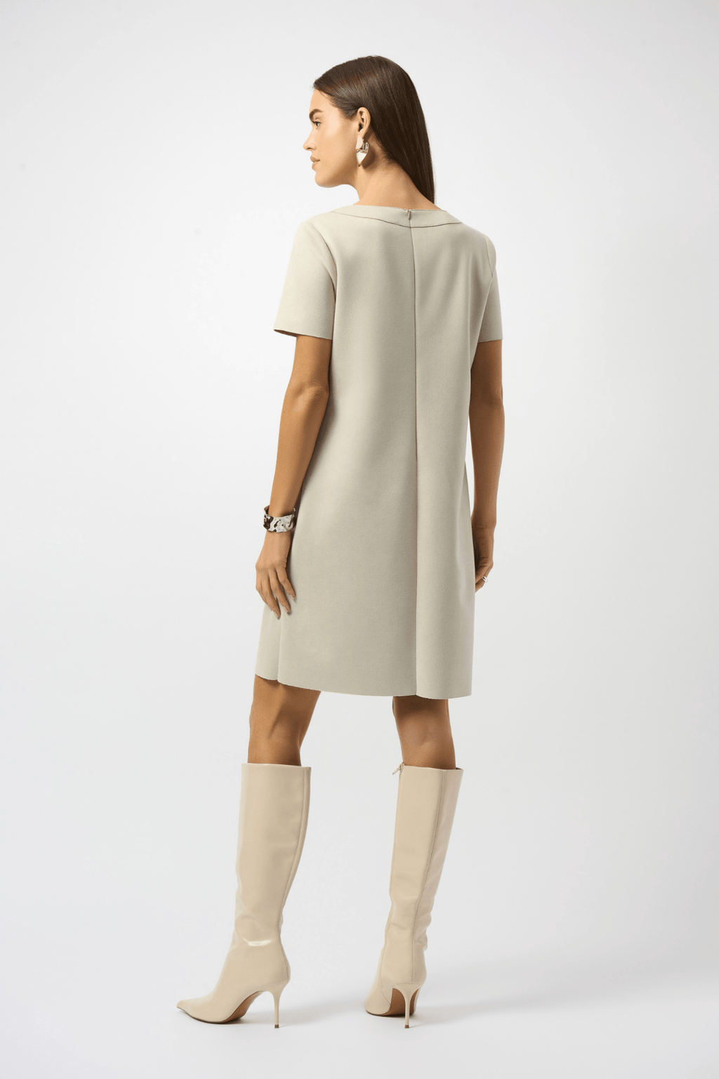 Joseph Ribkoff moonstone scuba suede shift dress with three-quarter sleeves and zip neckline