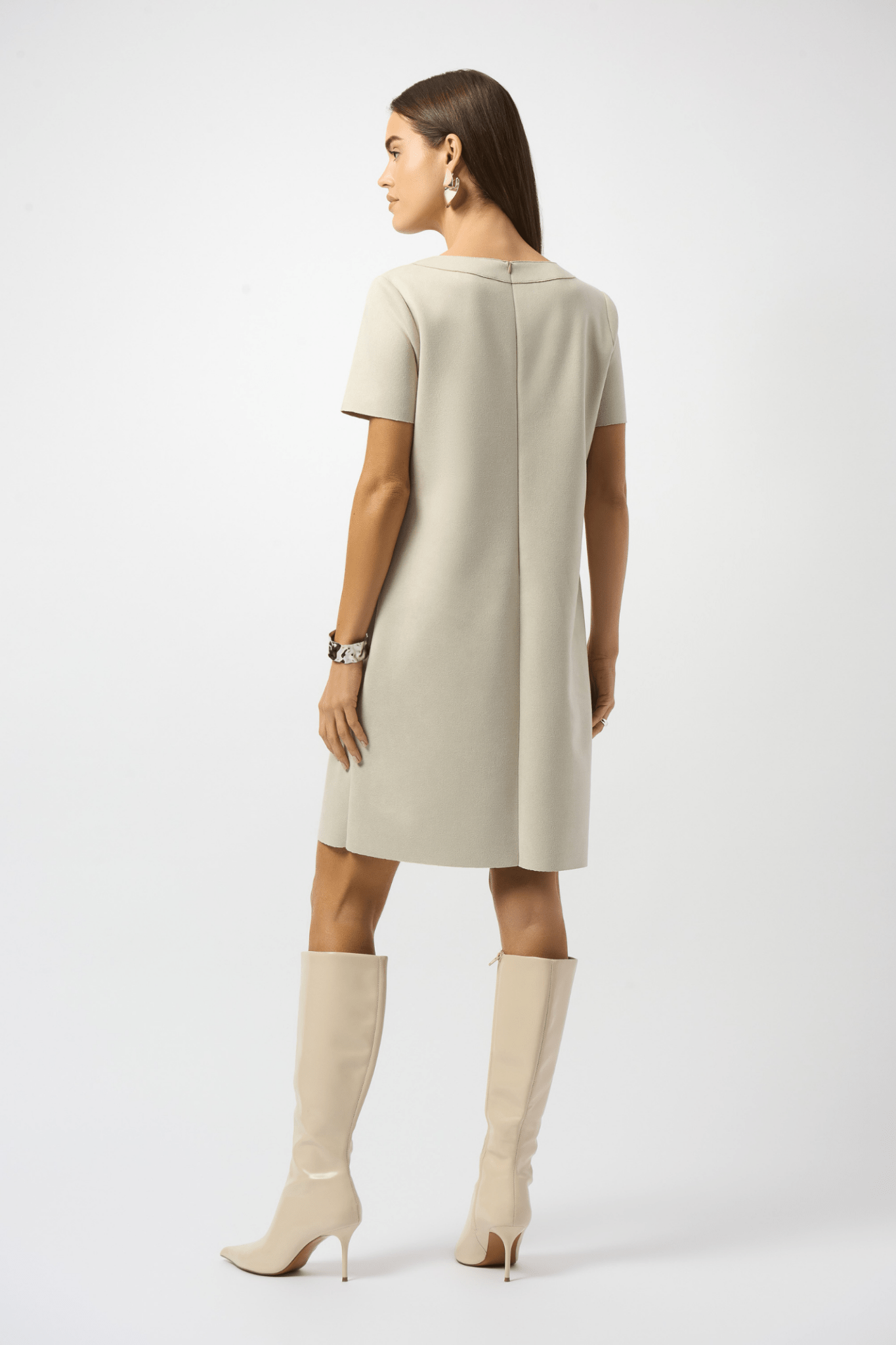 Joseph Ribkoff moonstone scuba suede shift dress with three-quarter sleeves and zip neckline