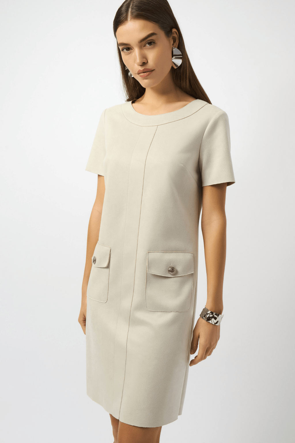 Joseph Ribkoff moonstone scuba suede shift dress with three-quarter sleeves and zip neckline