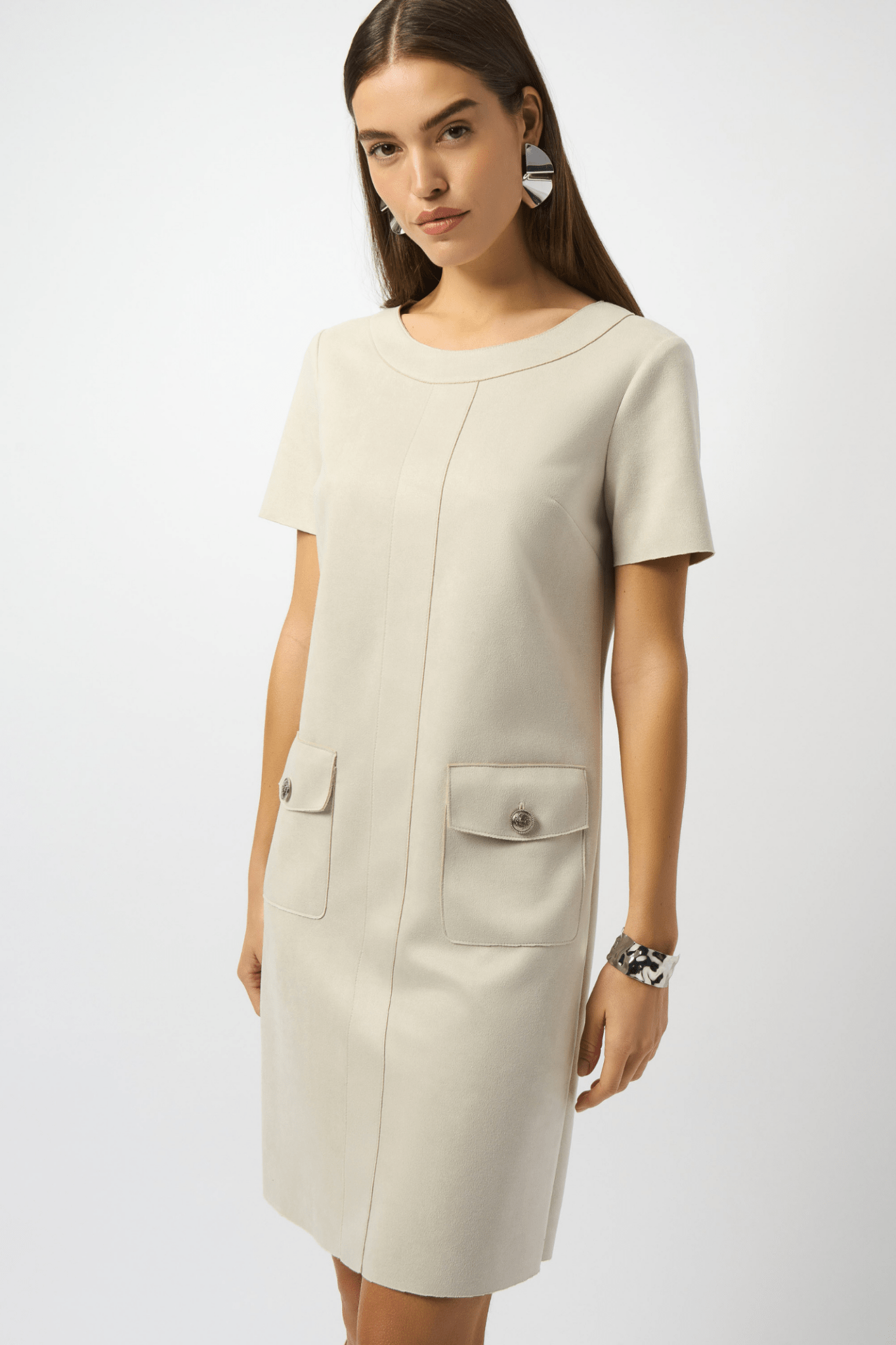 Joseph Ribkoff moonstone scuba suede shift dress with three-quarter sleeves and zip neckline