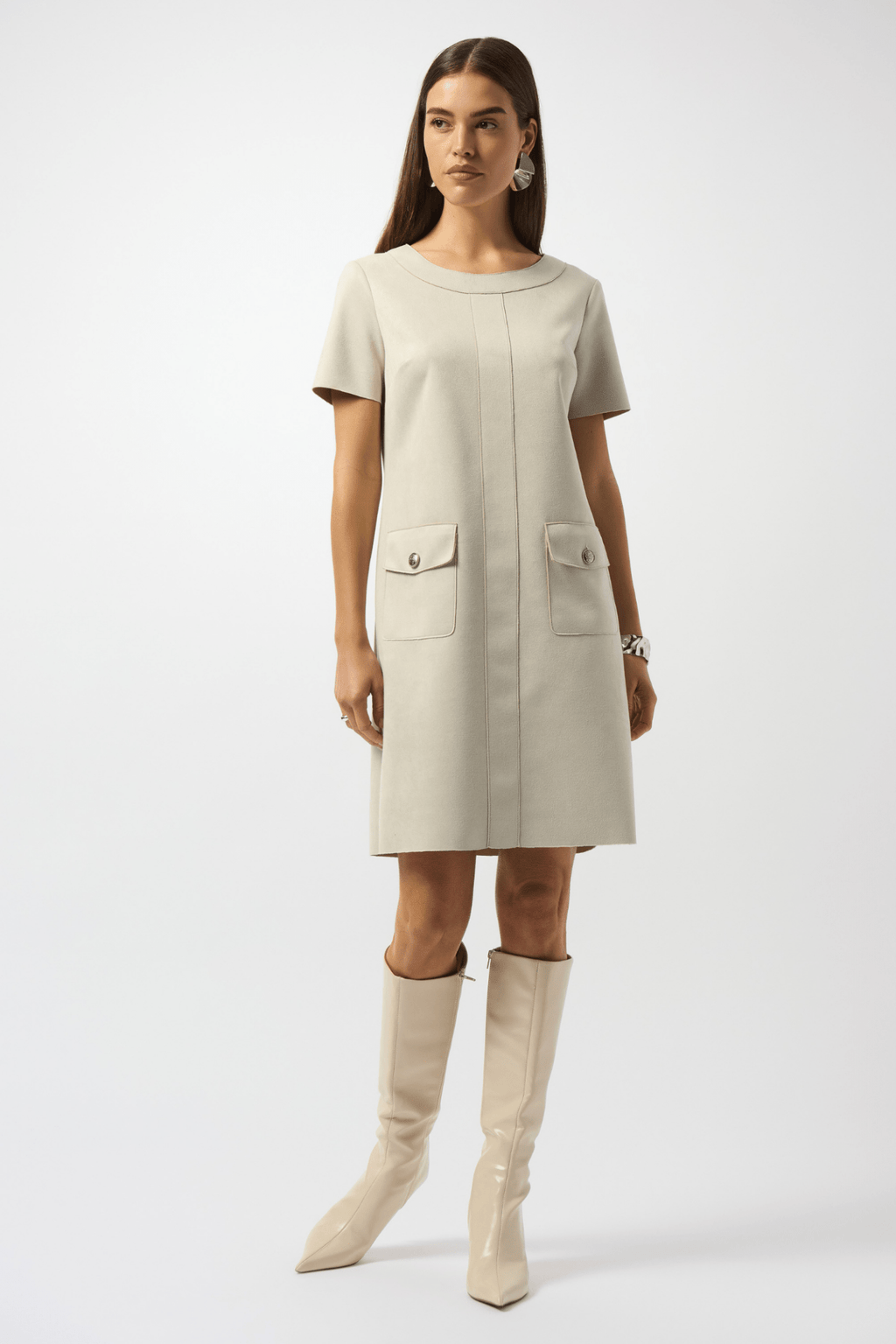 Joseph Ribkoff moonstone scuba suede shift dress with three-quarter sleeves and zip neckline
