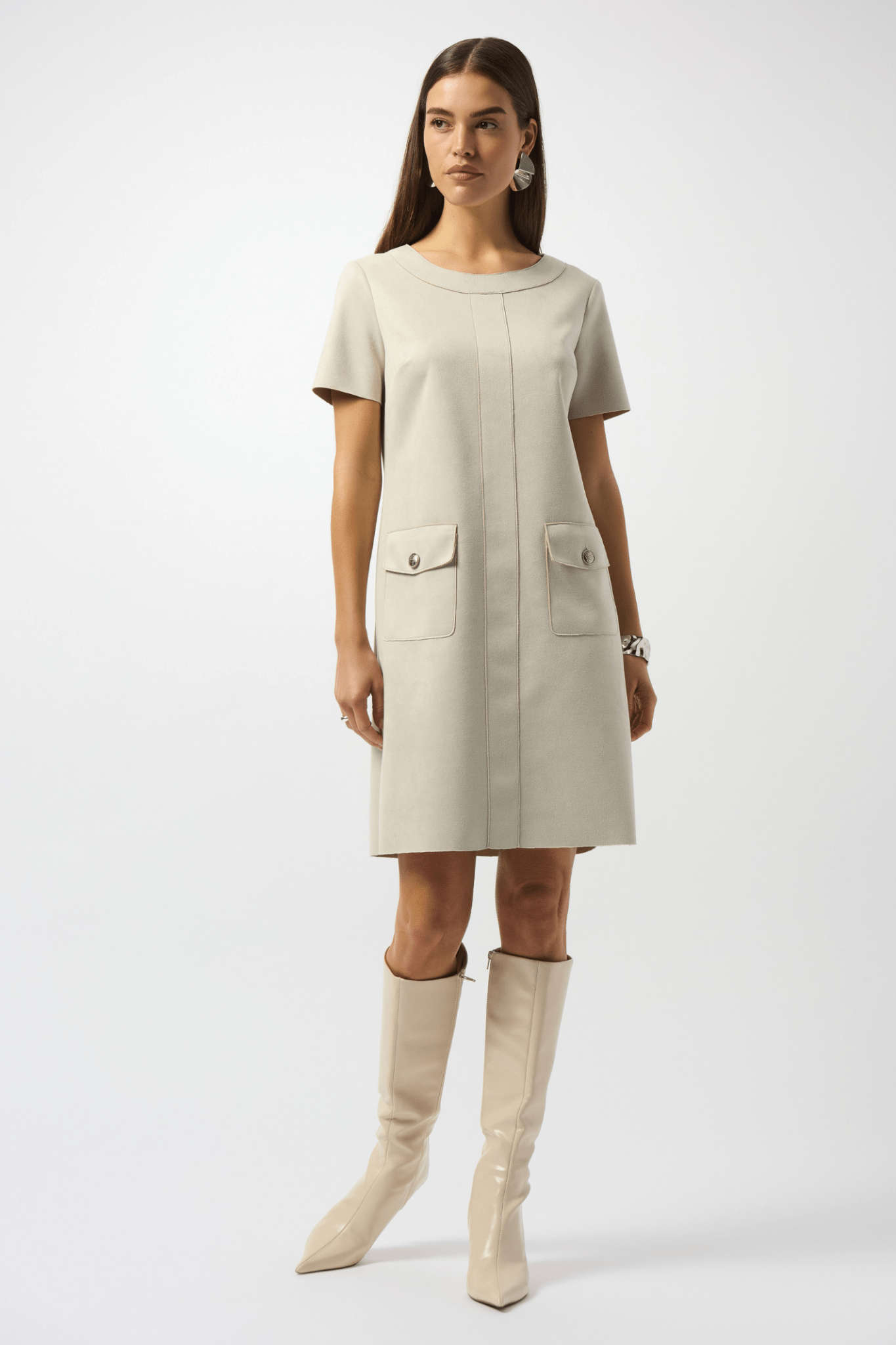Joseph Ribkoff moonstone scuba suede shift dress with three-quarter sleeves and zip neckline