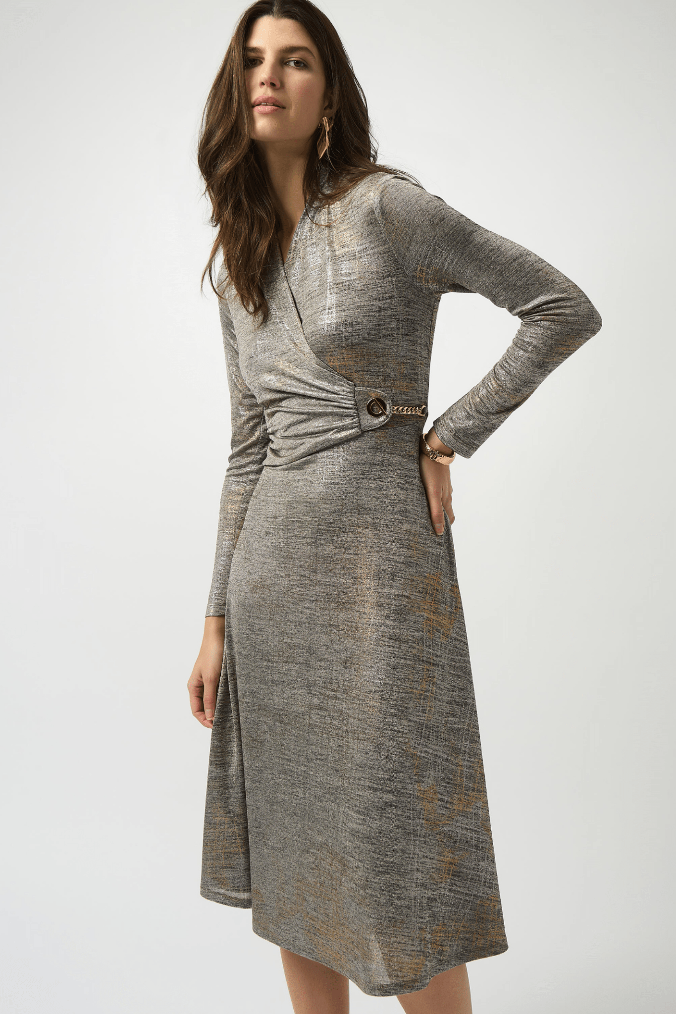 Joseph Ribkoff foiled melange knit fit and flare dress with three-quarter sleeves and V-neckline