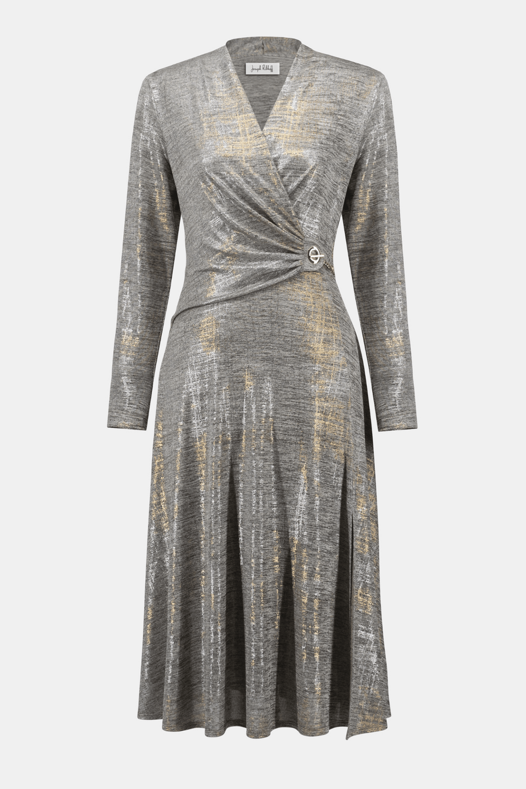 Joseph Ribkoff foiled melange knit fit and flare dress with three-quarter sleeves and V-neckline