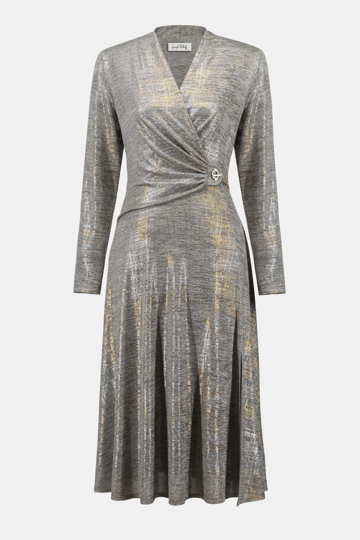 Joseph Ribkoff foiled melange knit fit and flare dress with three-quarter sleeves and V-neckline