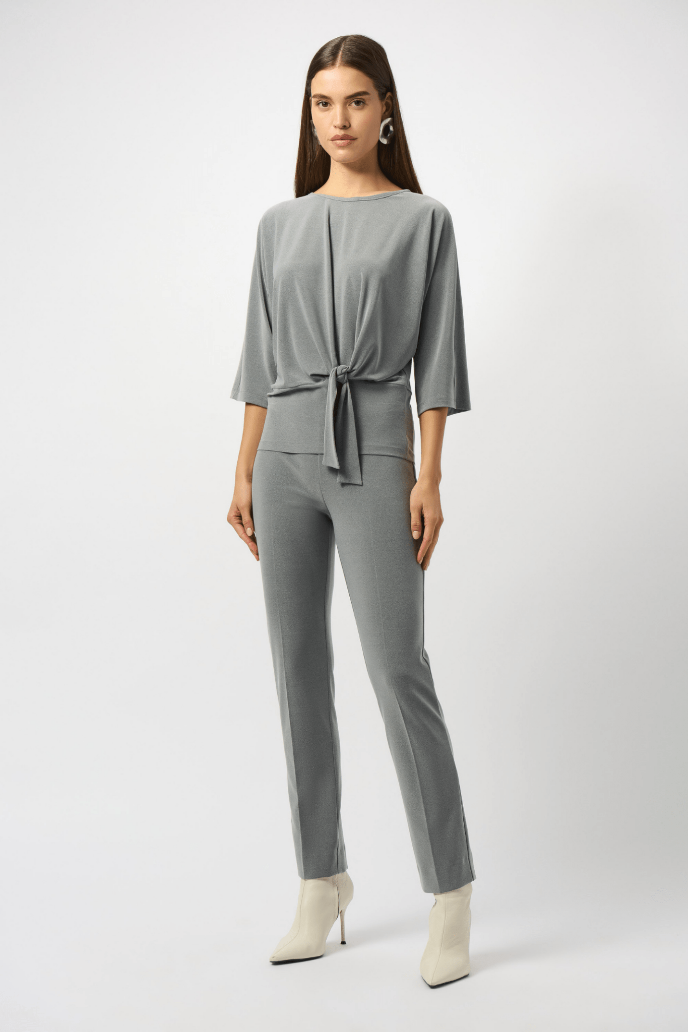 Joseph Ribkoff melange silky knit top with scoop neck and waist knot – Dotique