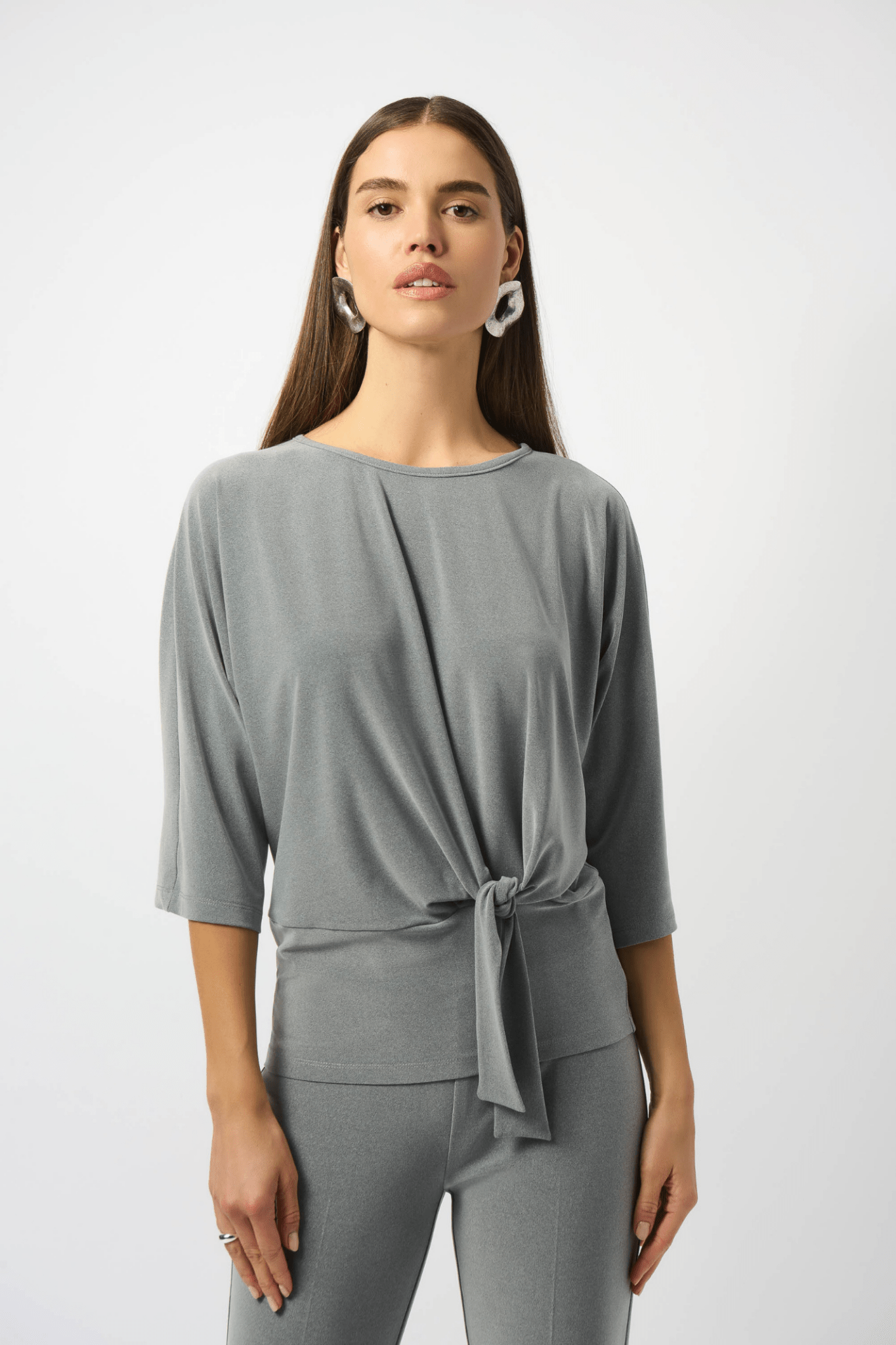 Joseph Ribkoff melange silky knit top with scoop neck and waist knot – Dotique