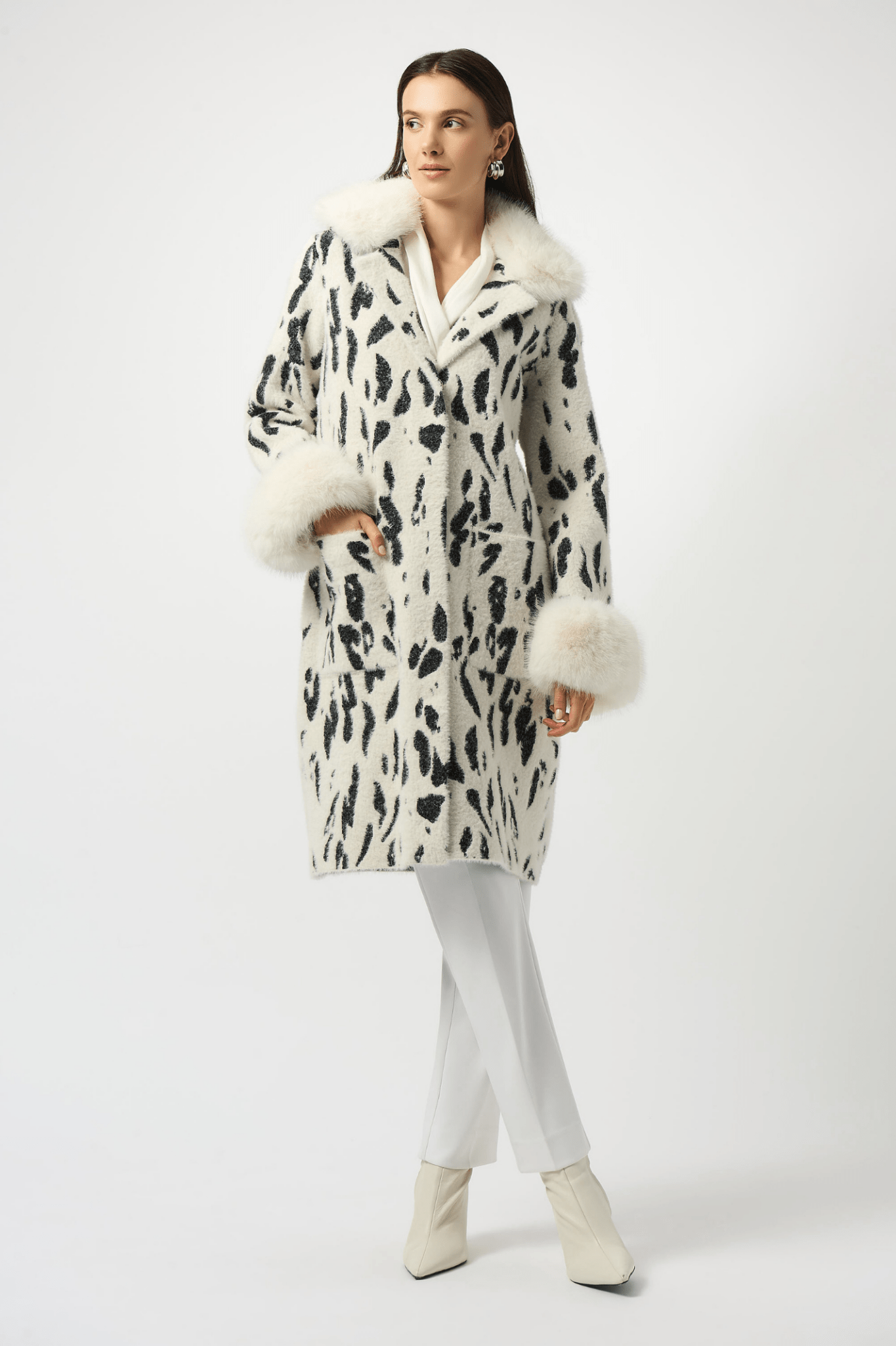  Joseph Ribkoff animal print feather yarn coat with faux fur collar and cuffs – Dotique