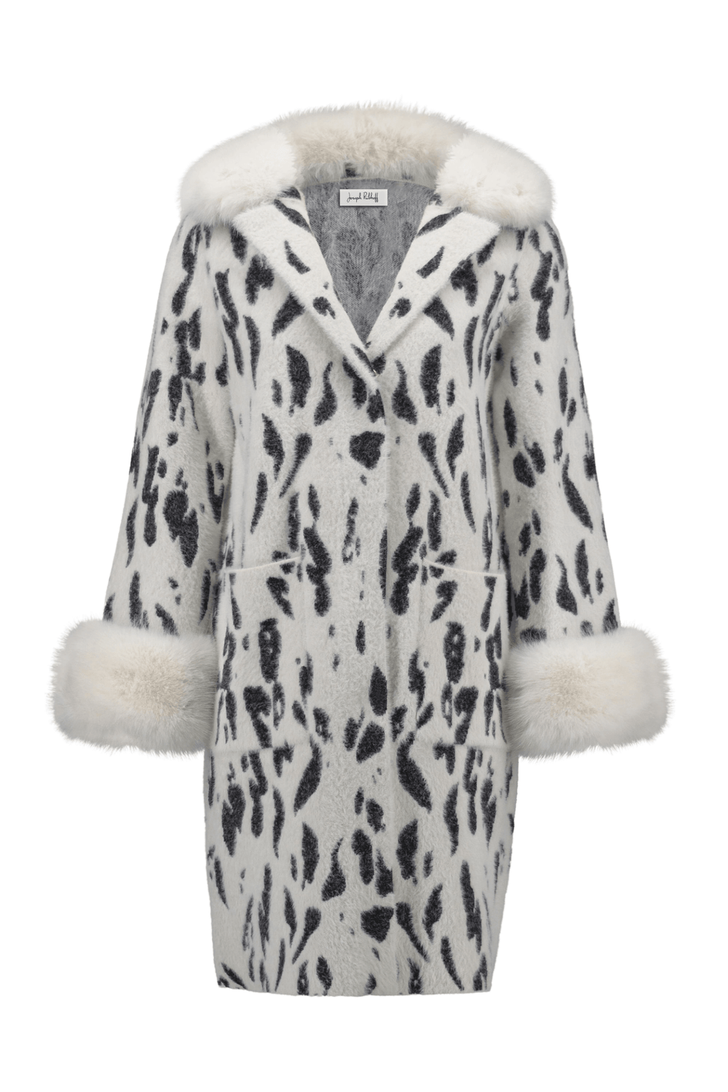  Joseph Ribkoff animal print feather yarn coat with faux fur collar and cuffs – Dotique
