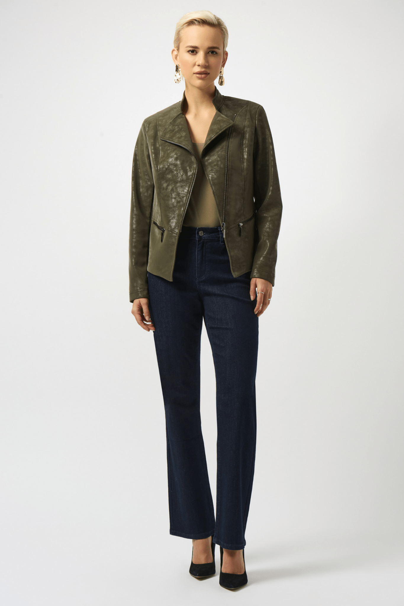 Joseph Ribkoff avocado faux suede moto jacket with gunmetal zip – Dotique