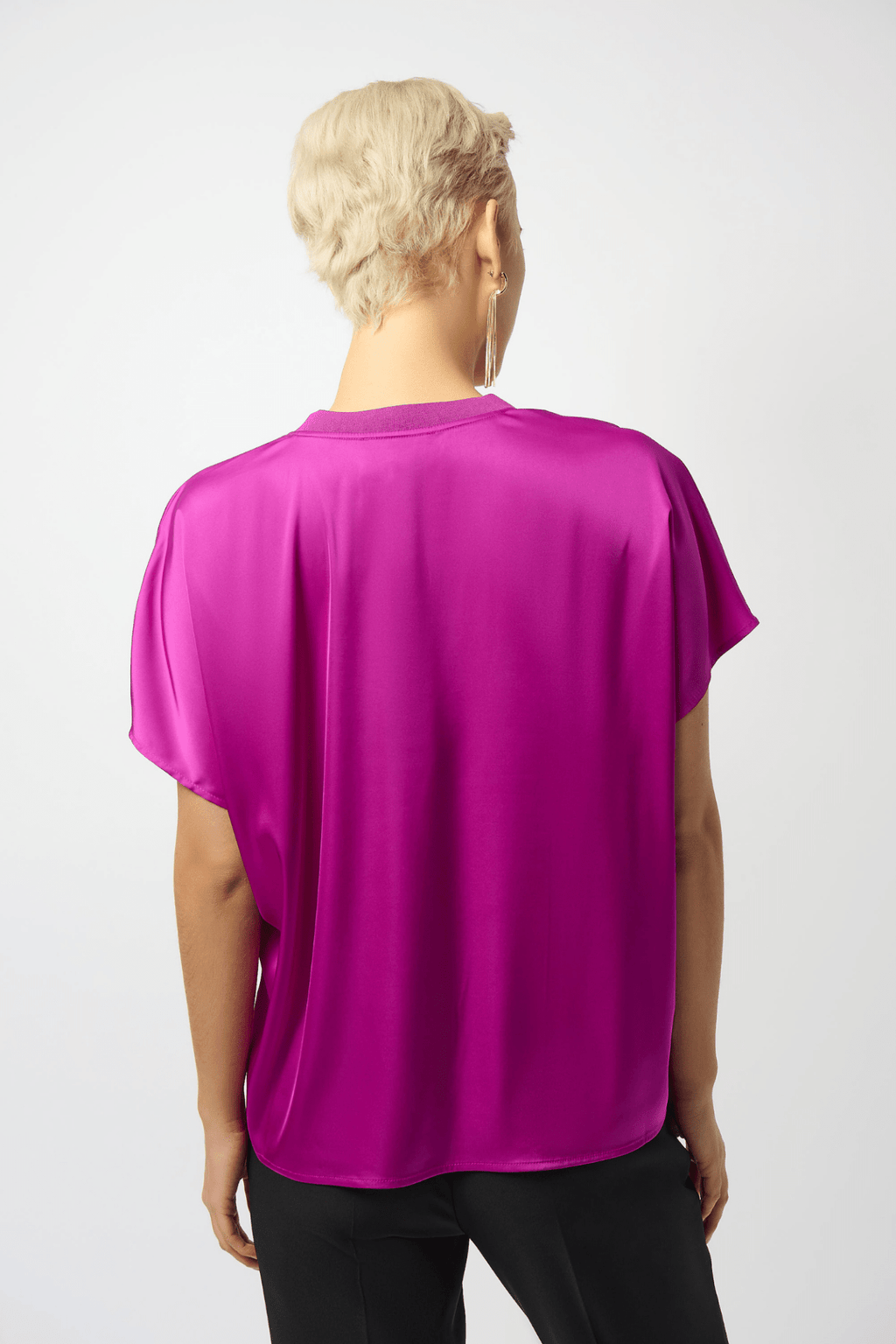 Joseph Ribkoff satin V-neck top in cosmos purple with relaxed fit and elegant drape

