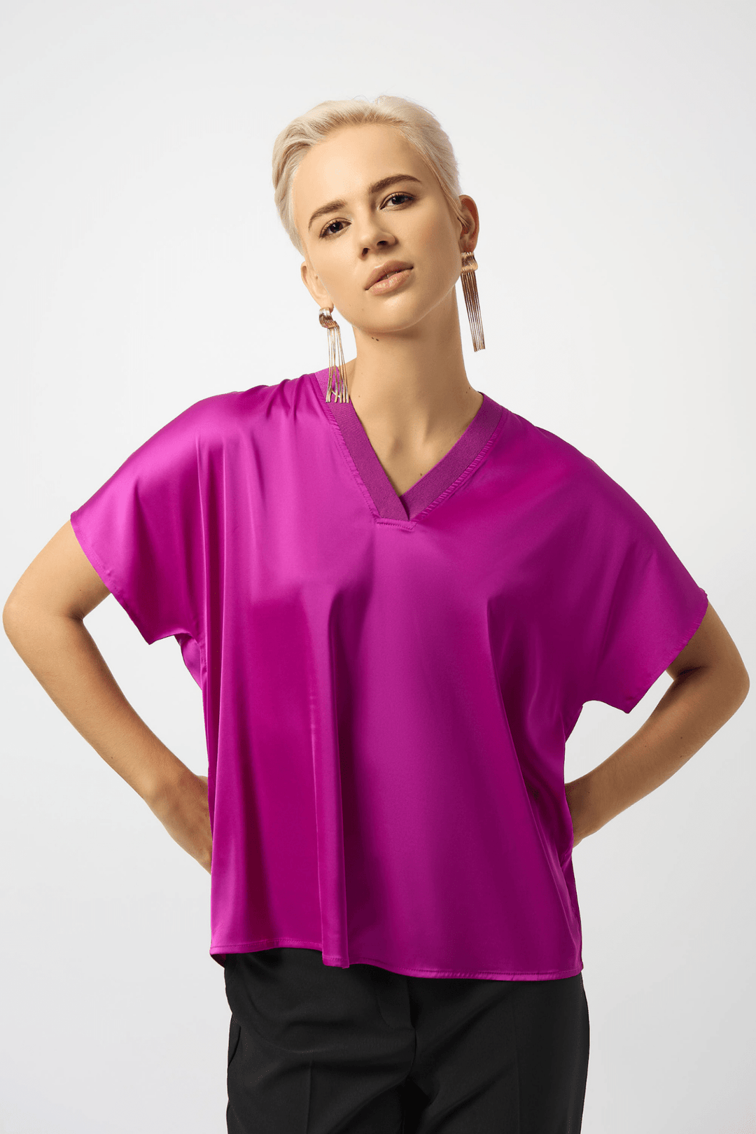 Joseph Ribkoff satin V-neck top in cosmos purple with relaxed fit and elegant drape
