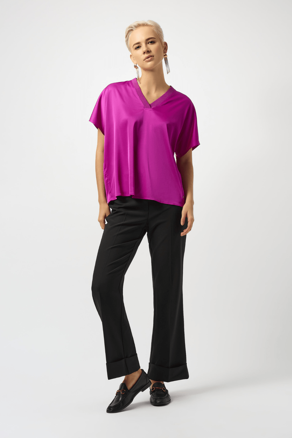 Joseph Ribkoff satin V-neck top in cosmos purple with relaxed fit and elegant drape


