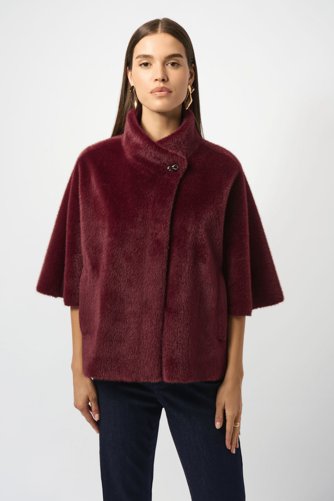 Joseph Ribkoff merlot faux fur suede jacket with mock collar – Dotique
