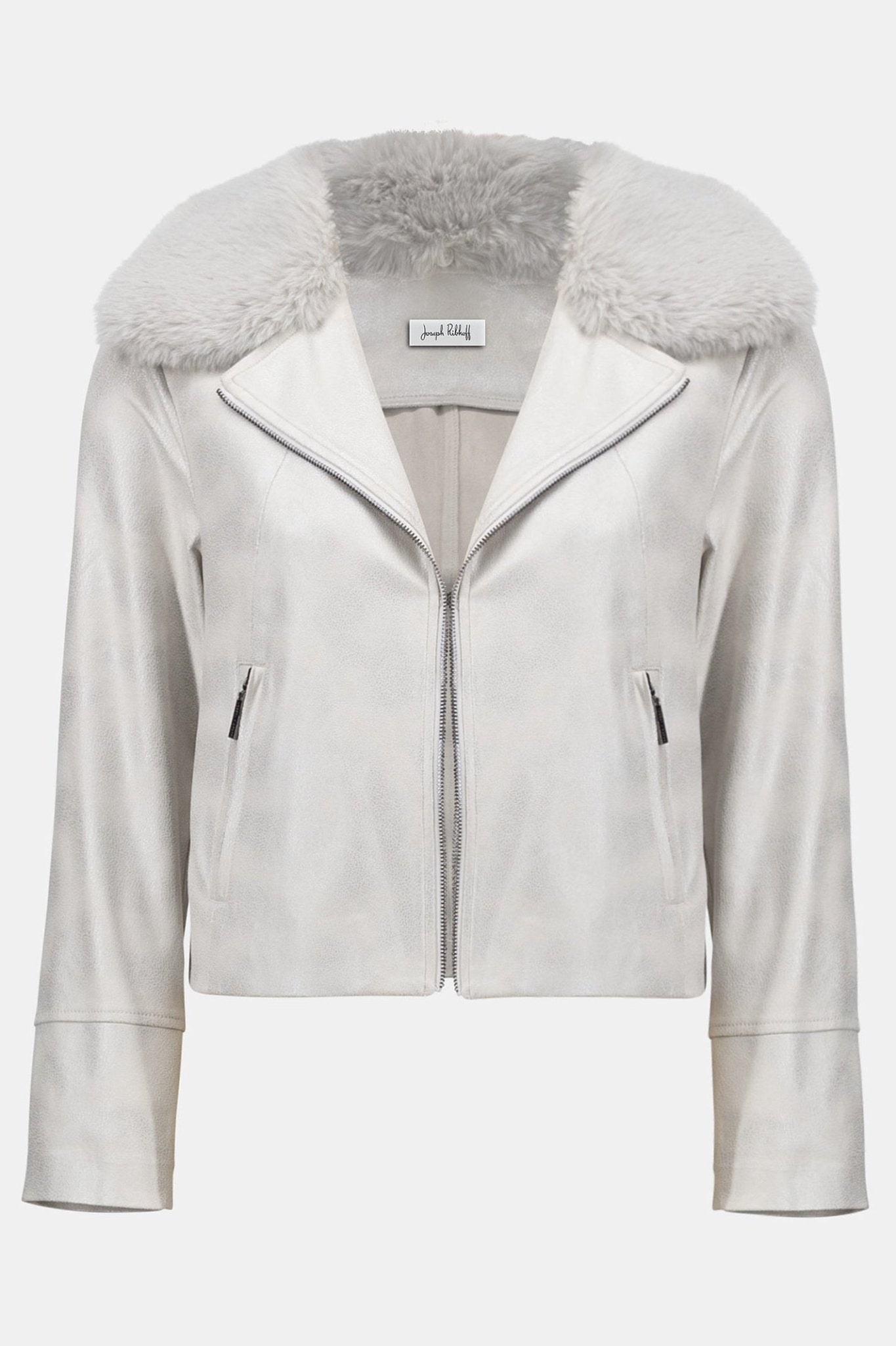 Joseph Ribkoff 253925 Foiled Suede Jacket With Faux Fur Detachable Collar Moonstone - Dotique - Joseph Ribkoff