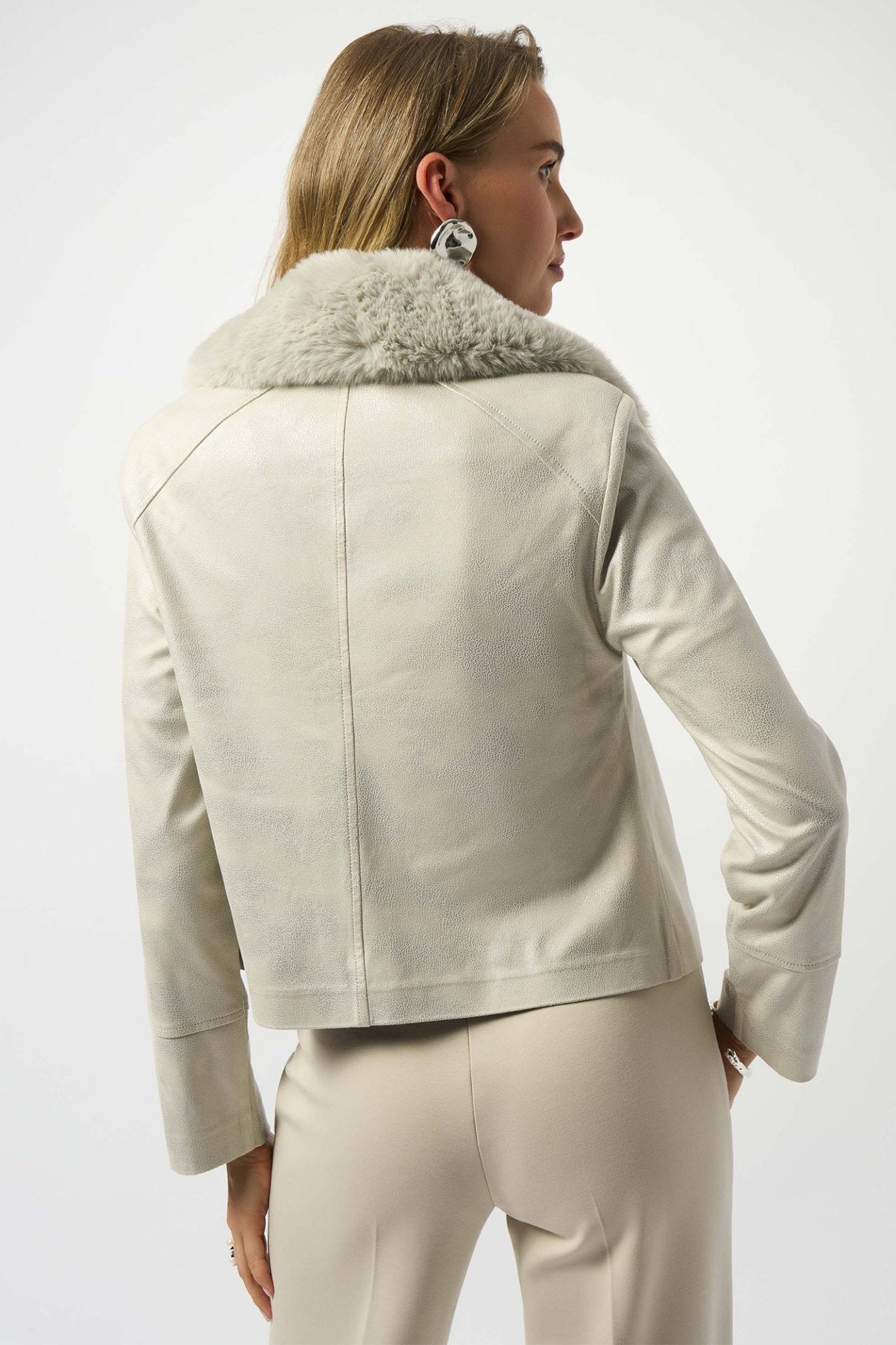 Joseph Ribkoff 253925 Foiled Suede Jacket With Faux Fur Detachable Collar Moonstone - Dotique - Joseph Ribkoff