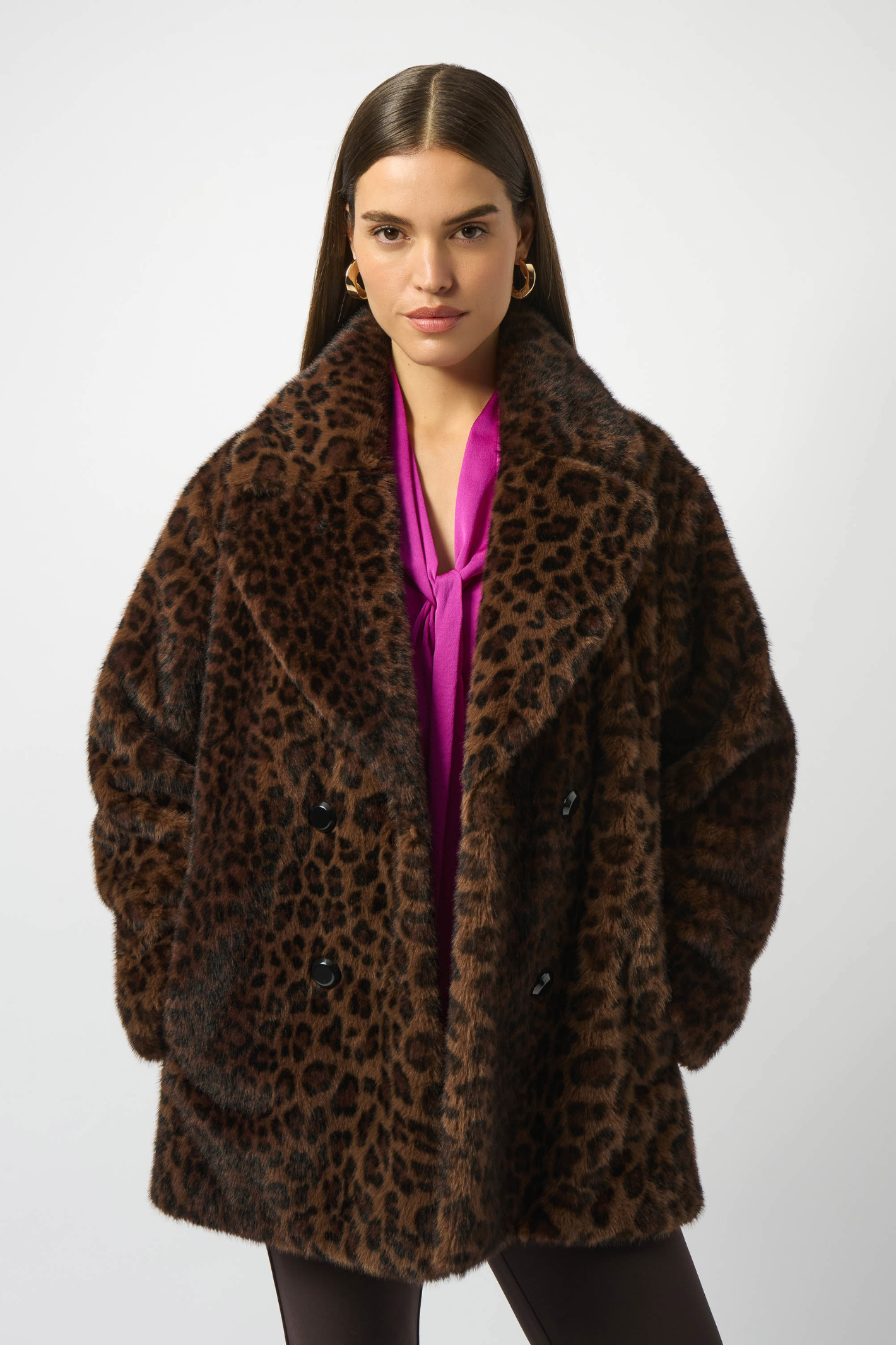 Joseph Ribkoff 253937 Leopard Print Faux Fur Coat Brown/Black at Dotique