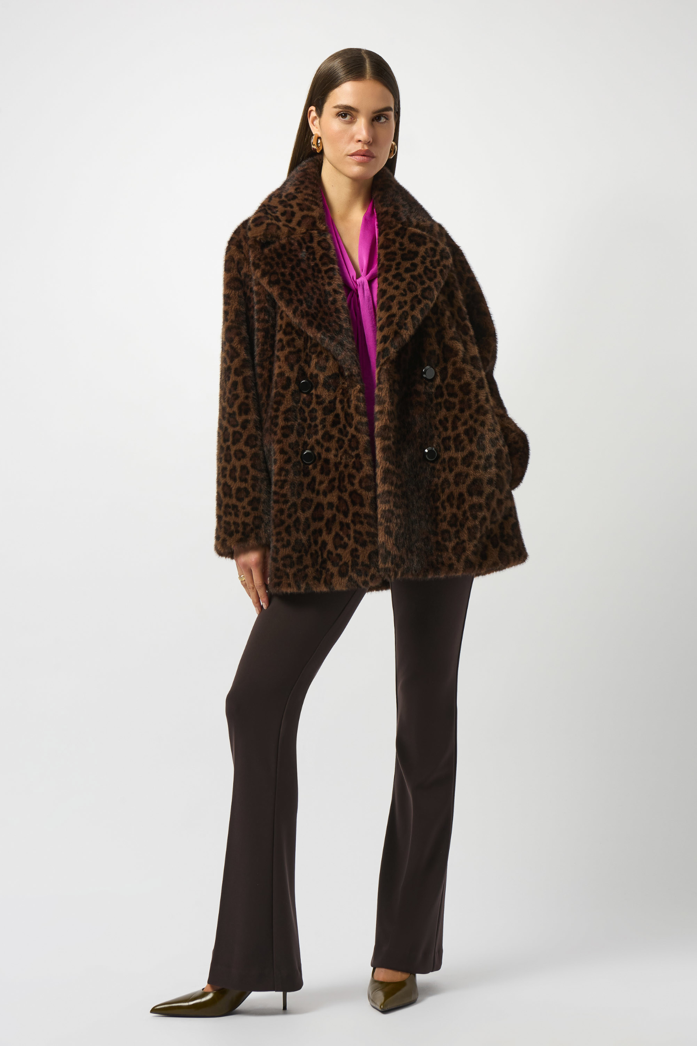 Joseph Ribkoff 253937 Leopard Print Faux Fur Coat Brown/Black at Dotique