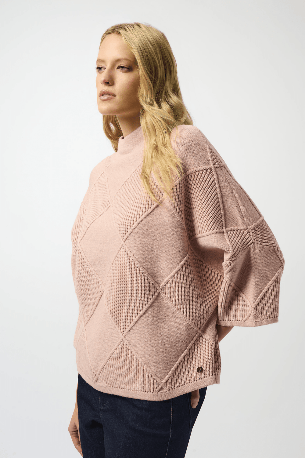 Joseph Ribkoff rose diamond-textured sweater with bell sleeves and mock neck – Dotique