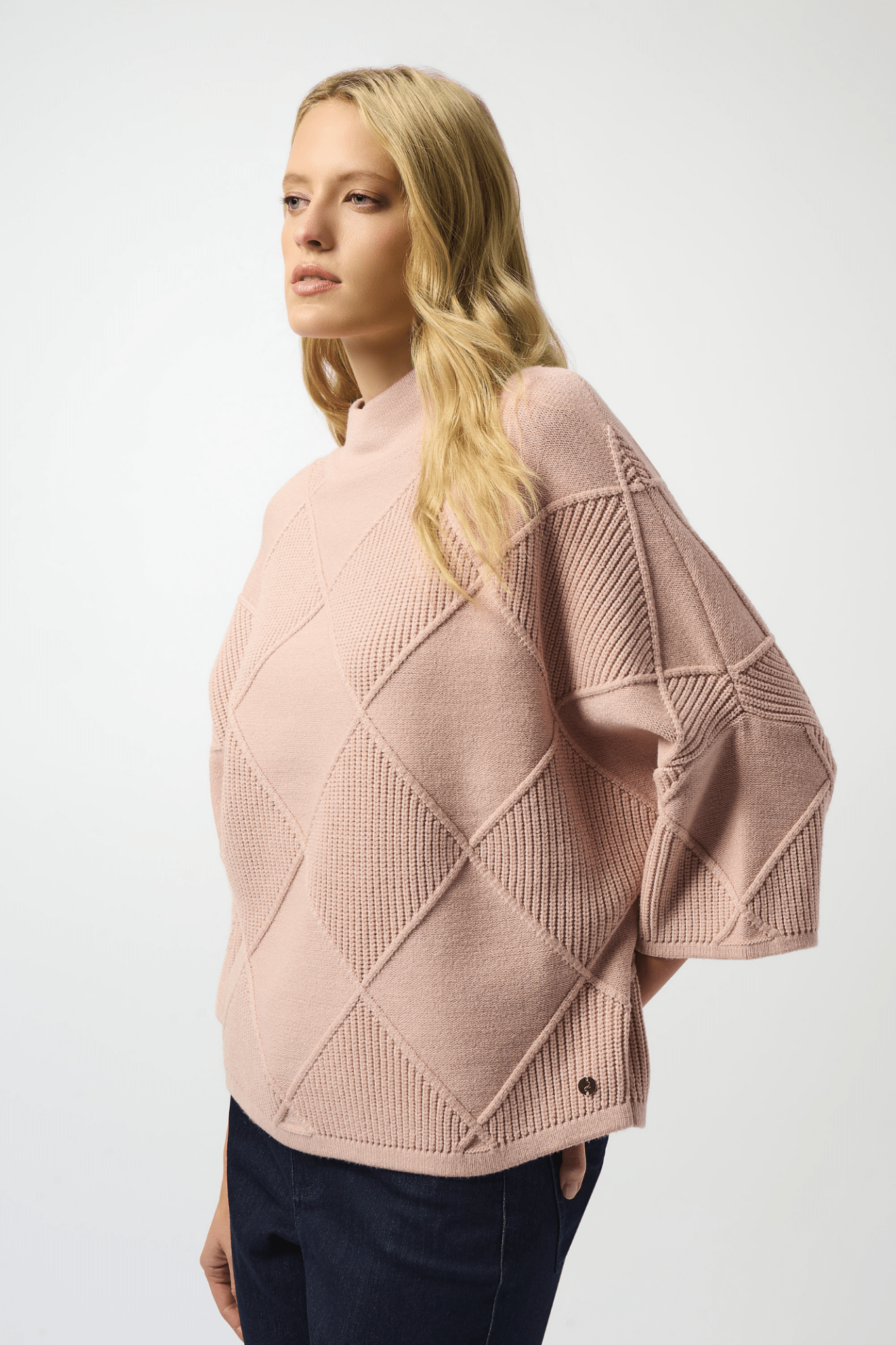 Joseph Ribkoff rose diamond-textured sweater with bell sleeves and mock neck – Dotique