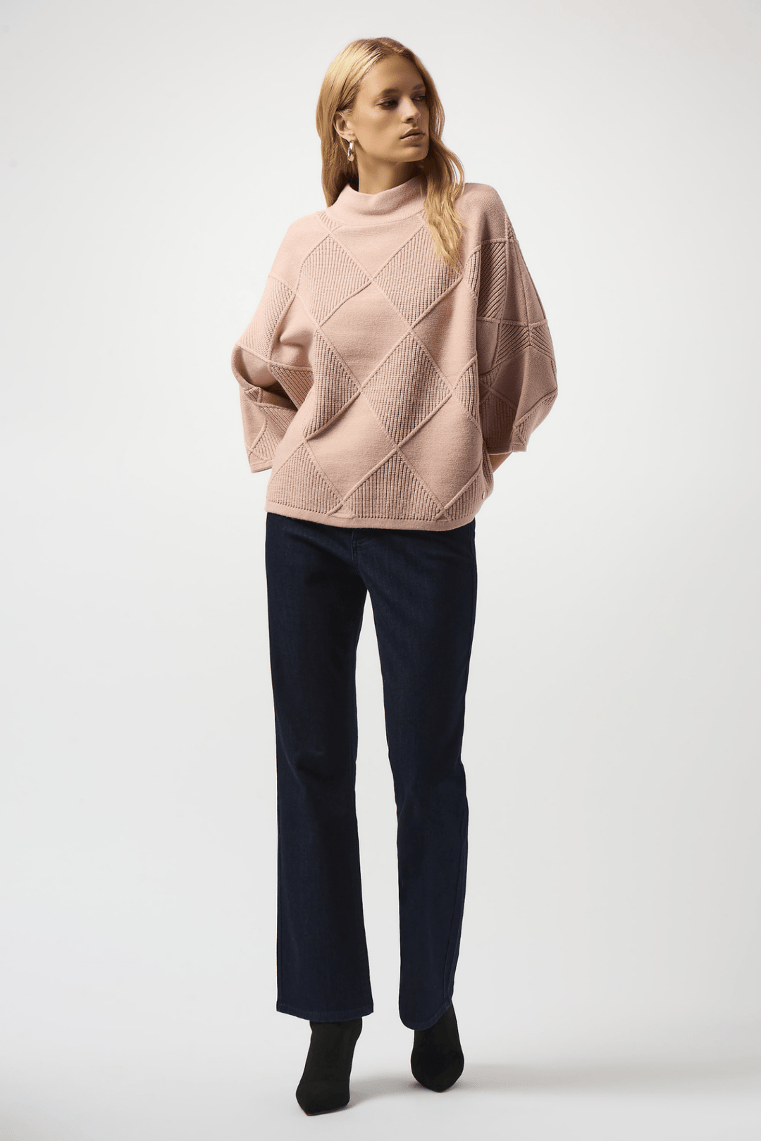 Joseph Ribkoff rose diamond-textured sweater with bell sleeves and mock neck – Dotique