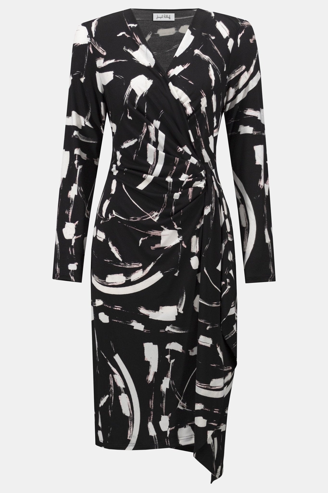 Joseph Ribkoff 254190 Black Brushstroke Print Faux Wrap Dress - Dotique - Joseph Ribkoff