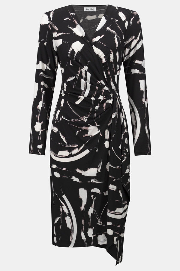 Joseph Ribkoff 254190 Black Brushstroke Print Faux Wrap Dress