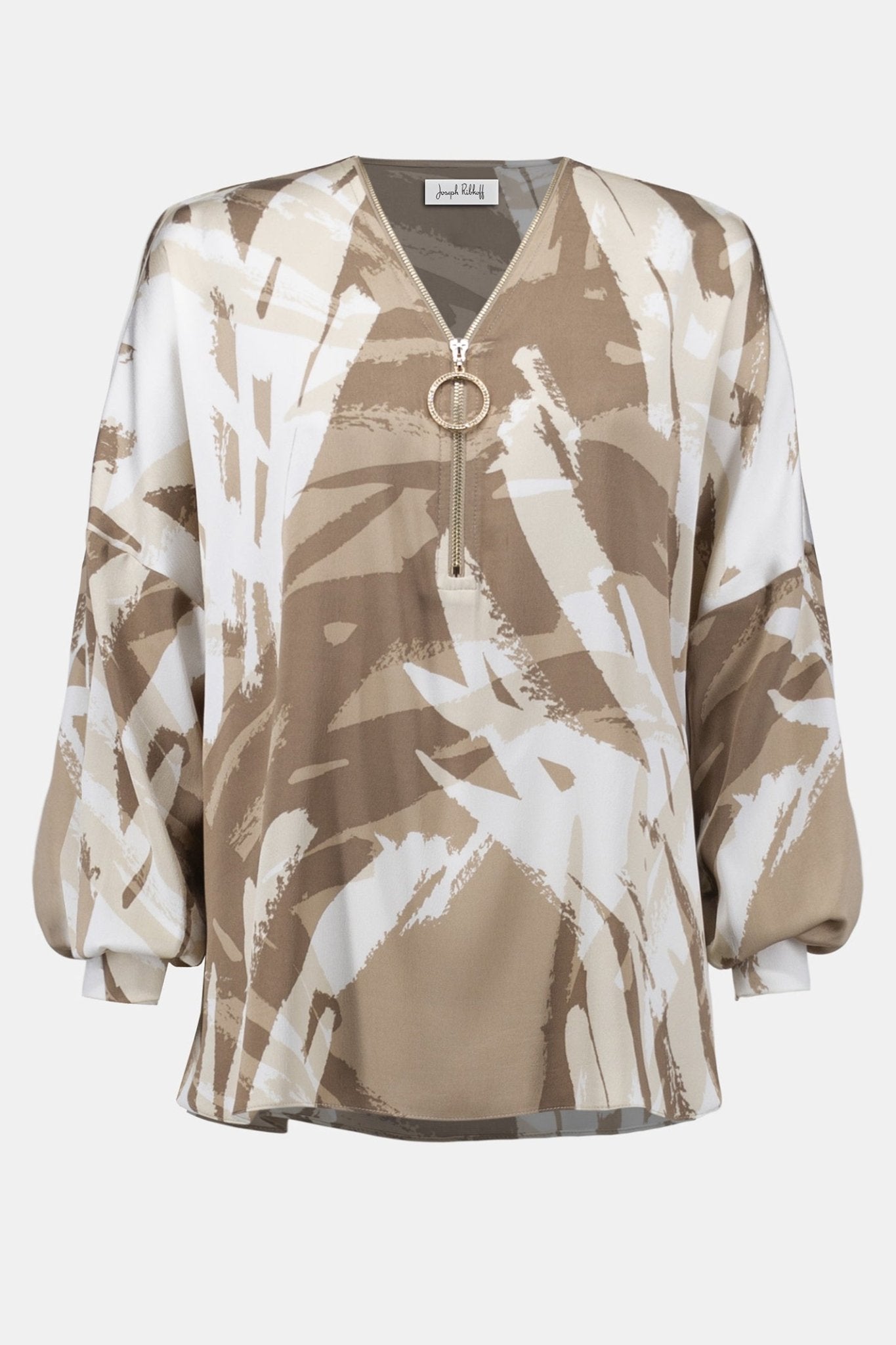 Joseph Ribkoff 254193 Beige Abstarct Print Zip Neck Blouse - Dotique - Joseph Ribkoff