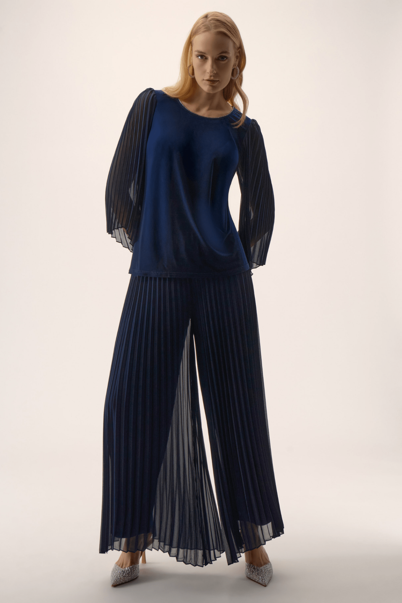 Joseph Ribkoff midnight blue pleated chiffon wide-leg trousers with pull-on waistband and full lining
