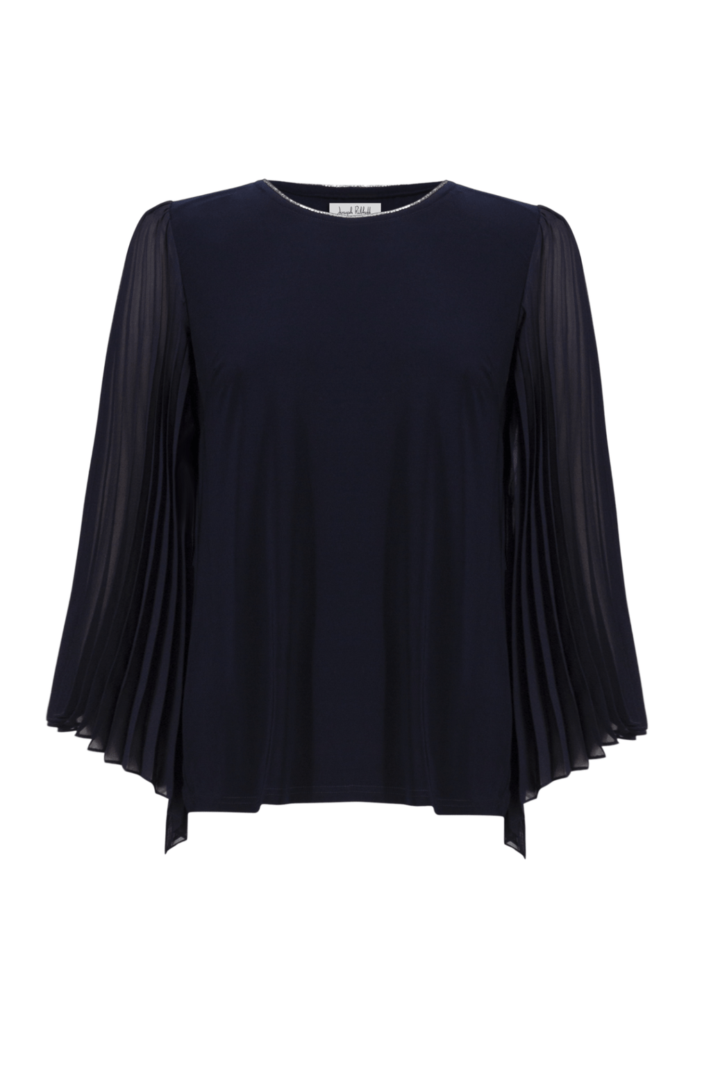 Joseph Ribkoff silky knit top in midnight blue with rhinestone neckline and pleated chiffon bell sleeves