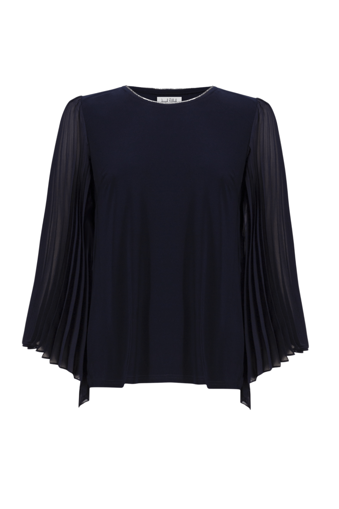 Joseph Ribkoff silky knit top in midnight blue with rhinestone neckline and pleated chiffon bell sleeves