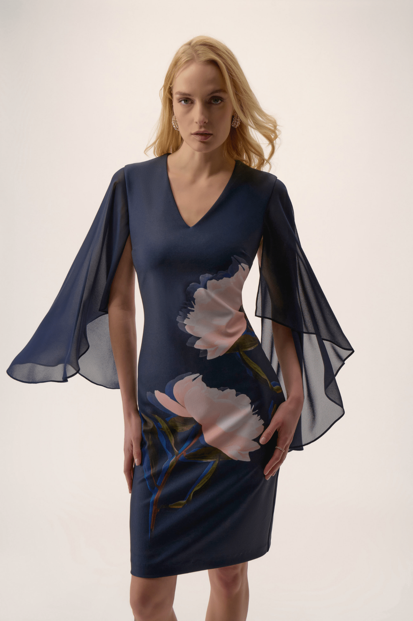 Joseph Ribkoff floral silky knit sheath dress with chiffon cape sleeves and V-neckline
