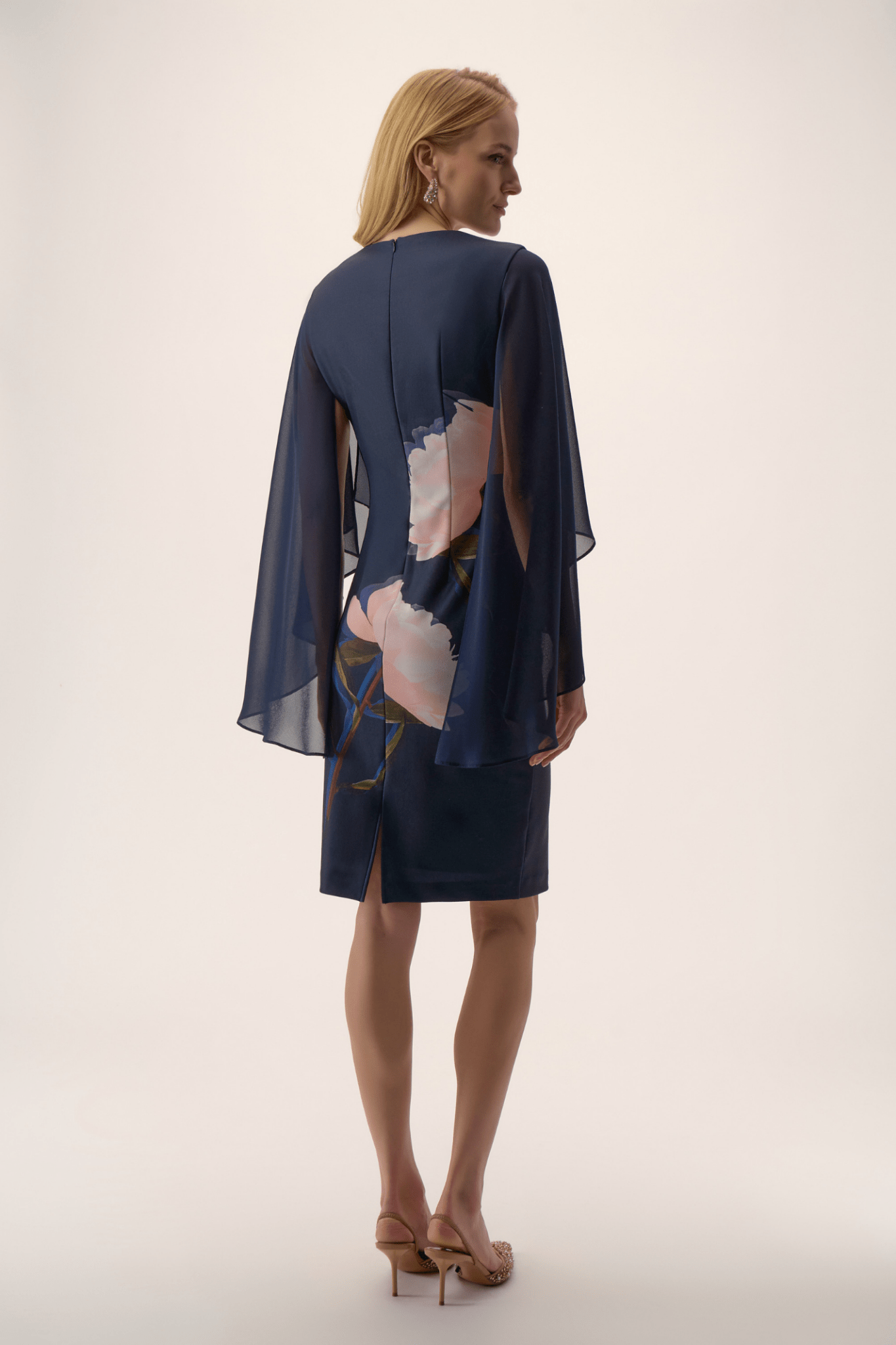 Joseph Ribkoff floral silky knit sheath dress with chiffon cape sleeves and V-neckline