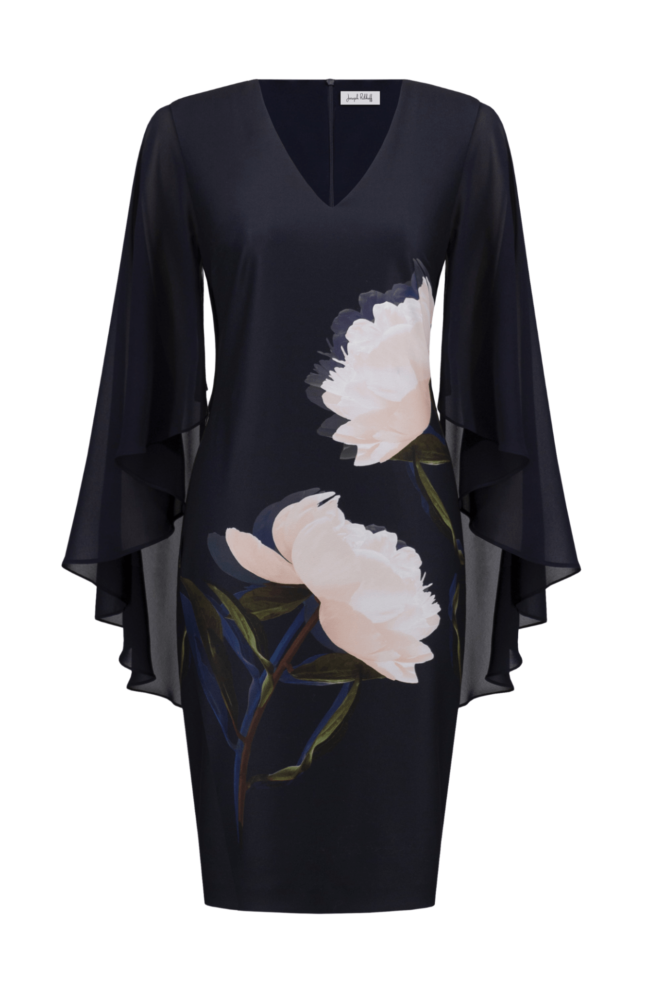 Joseph Ribkoff floral silky knit sheath dress with chiffon cape sleeves and V-neckline