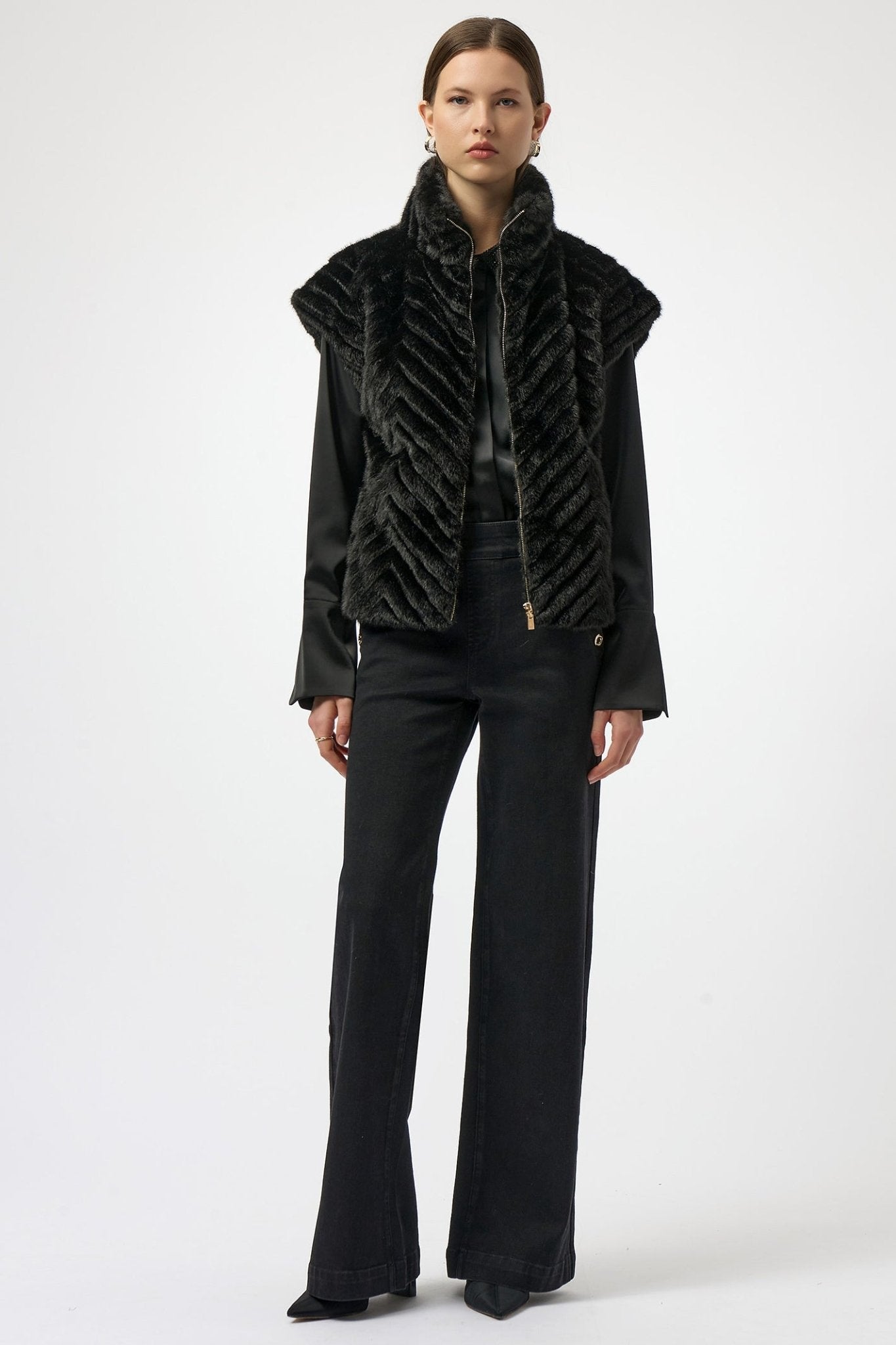 Joseph Ribkoff 254906 Black Chevron Faux Fur Mock Neck Gilet - Dotique - Joseph Ribkoff