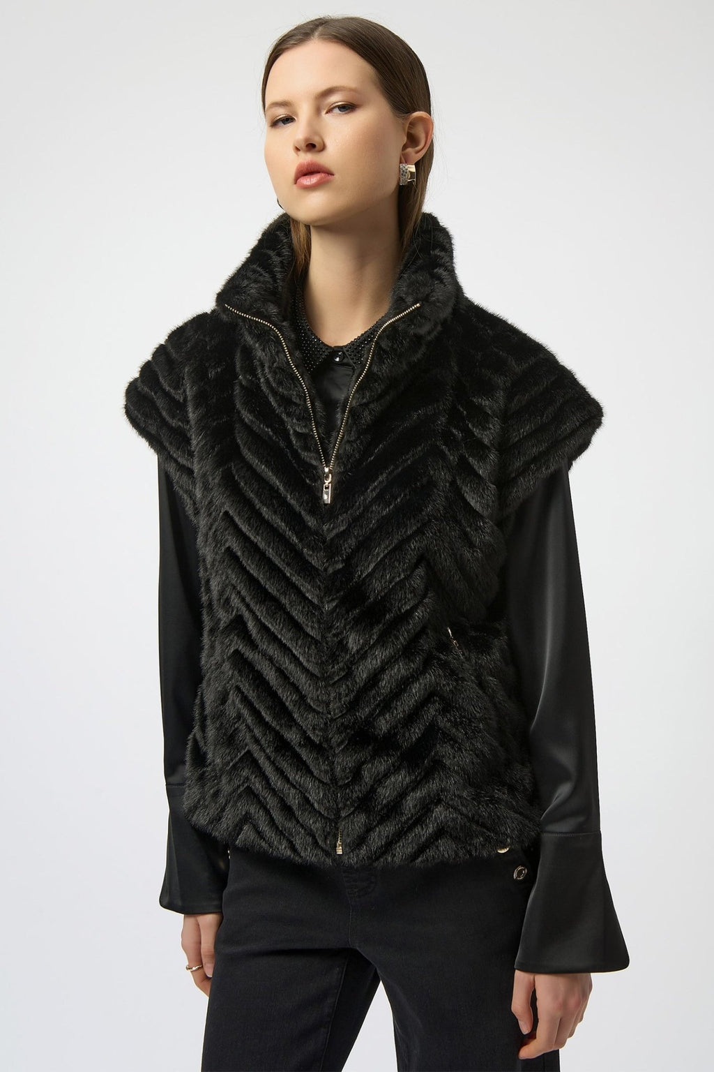 Joseph Ribkoff 254906 Black Chevron Faux Fur Mock Neck Gilet - Dotique - Joseph Ribkoff