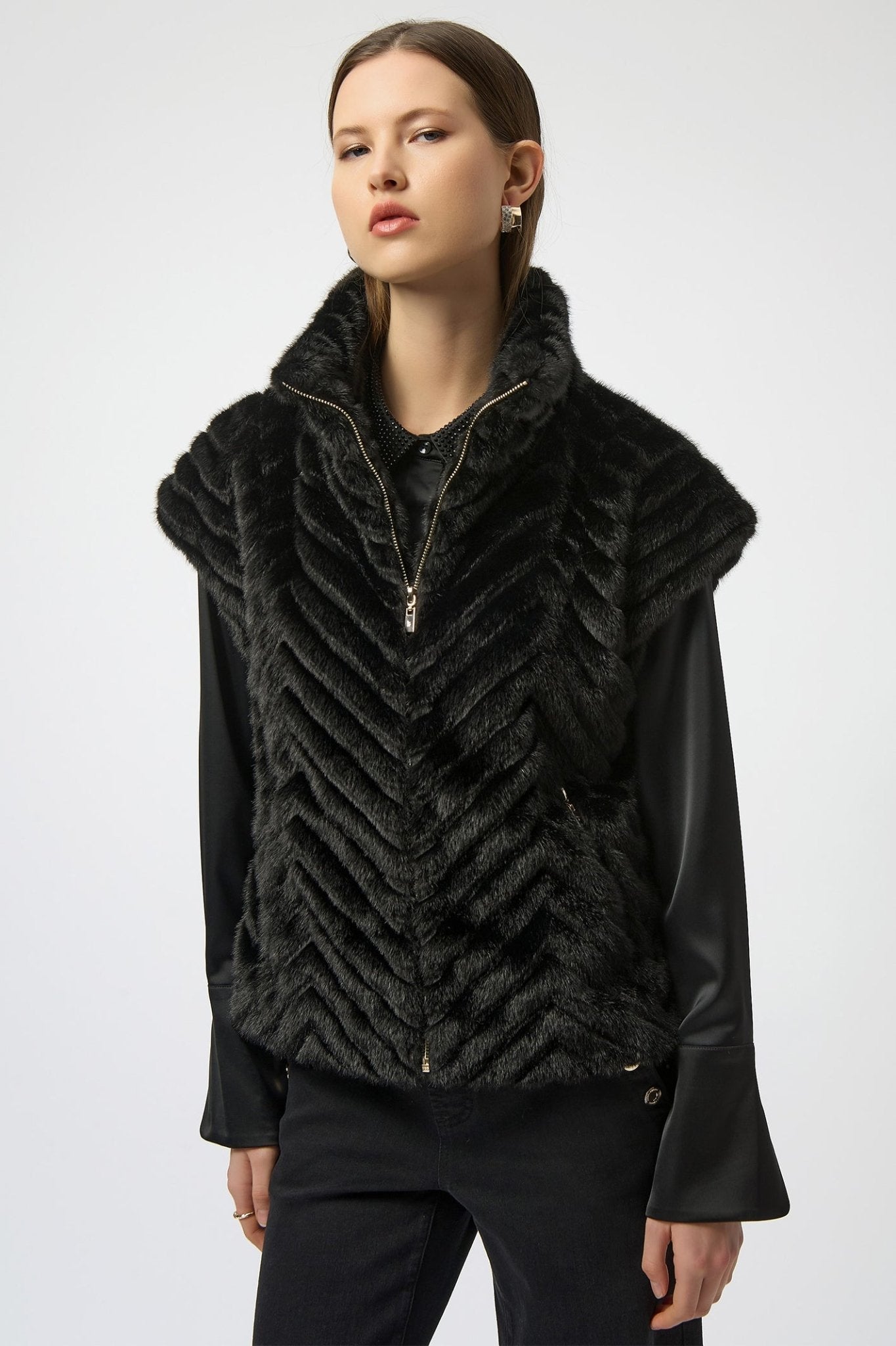 Joseph Ribkoff 254906 Black Chevron Faux Fur Mock Neck Gilet - Dotique - Joseph Ribkoff