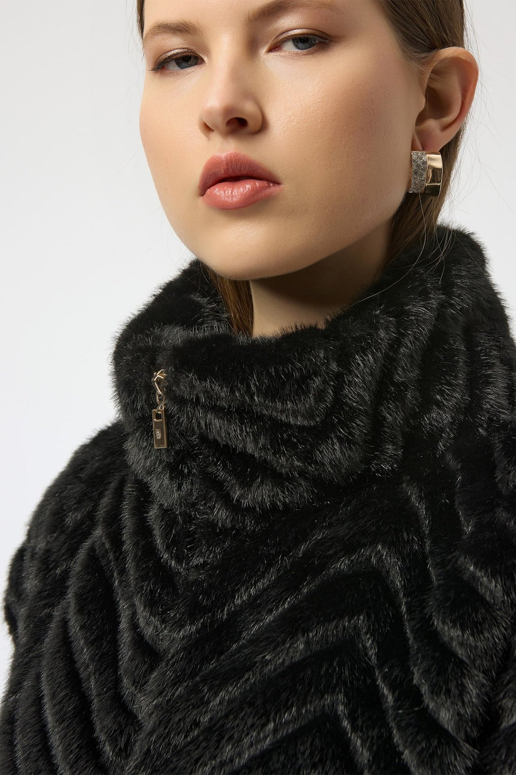 Joseph Ribkoff 254906 Black Chevron Faux Fur Mock Neck Gilet - Dotique - Joseph Ribkoff