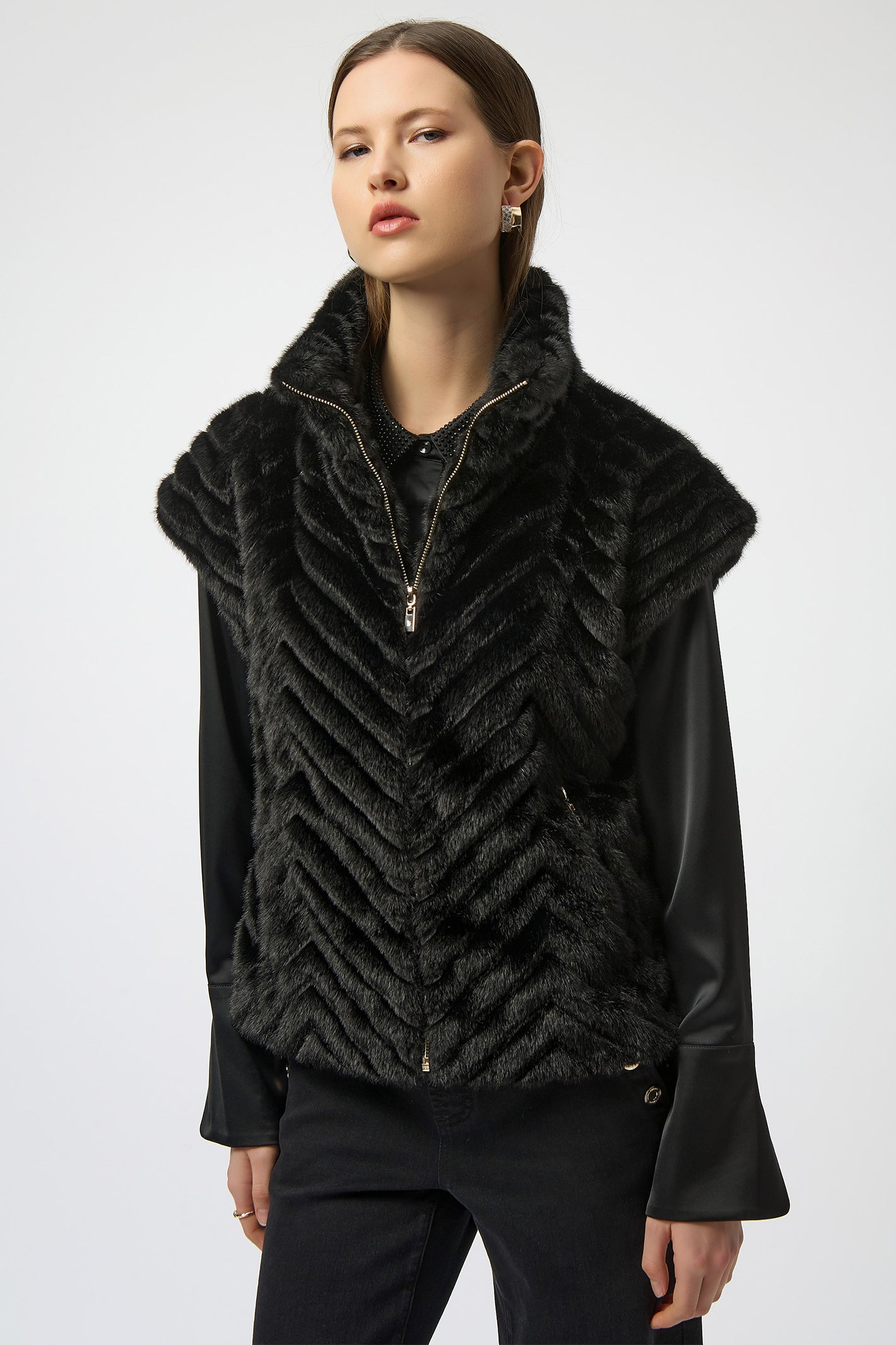 Joseph Ribkoff 254906 Black Chevron Faux Fur Mock Neck Gilet