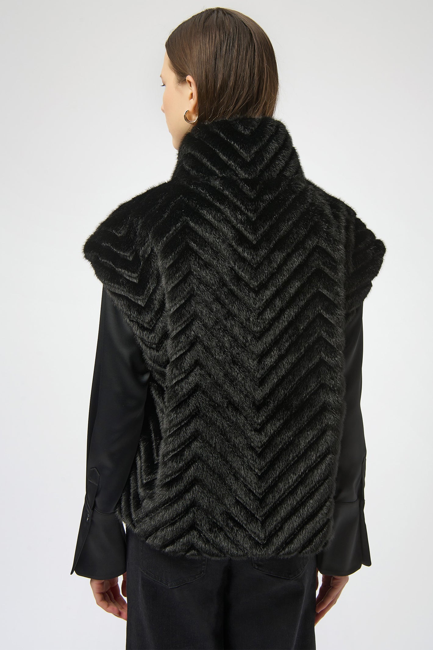 Joseph Ribkoff 254906 Black Chevron Faux Fur Mock Neck Gilet