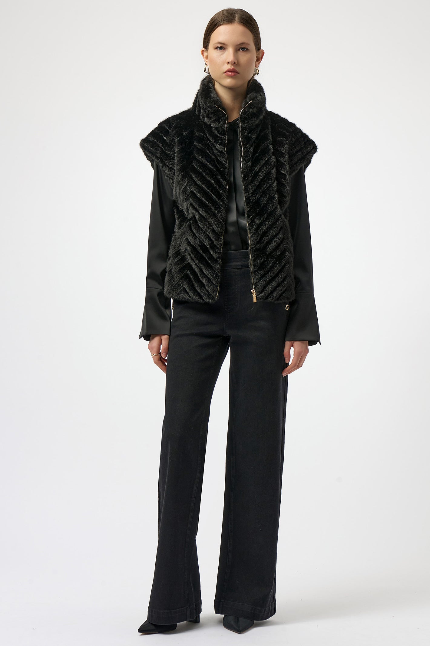 Joseph Ribkoff 254906 Black Chevron Faux Fur Mock Neck Gilet