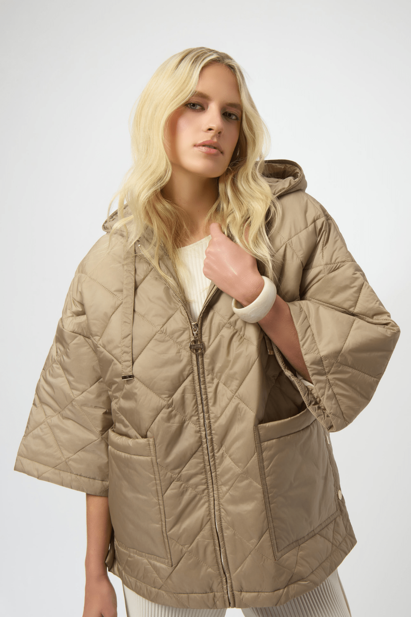 Joseph Ribkoff gold quilted hooded jacket with diamond pattern and kimono sleeves