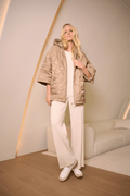 Joseph Ribkoff gold quilted hooded jacket with diamond pattern and kimono sleeves